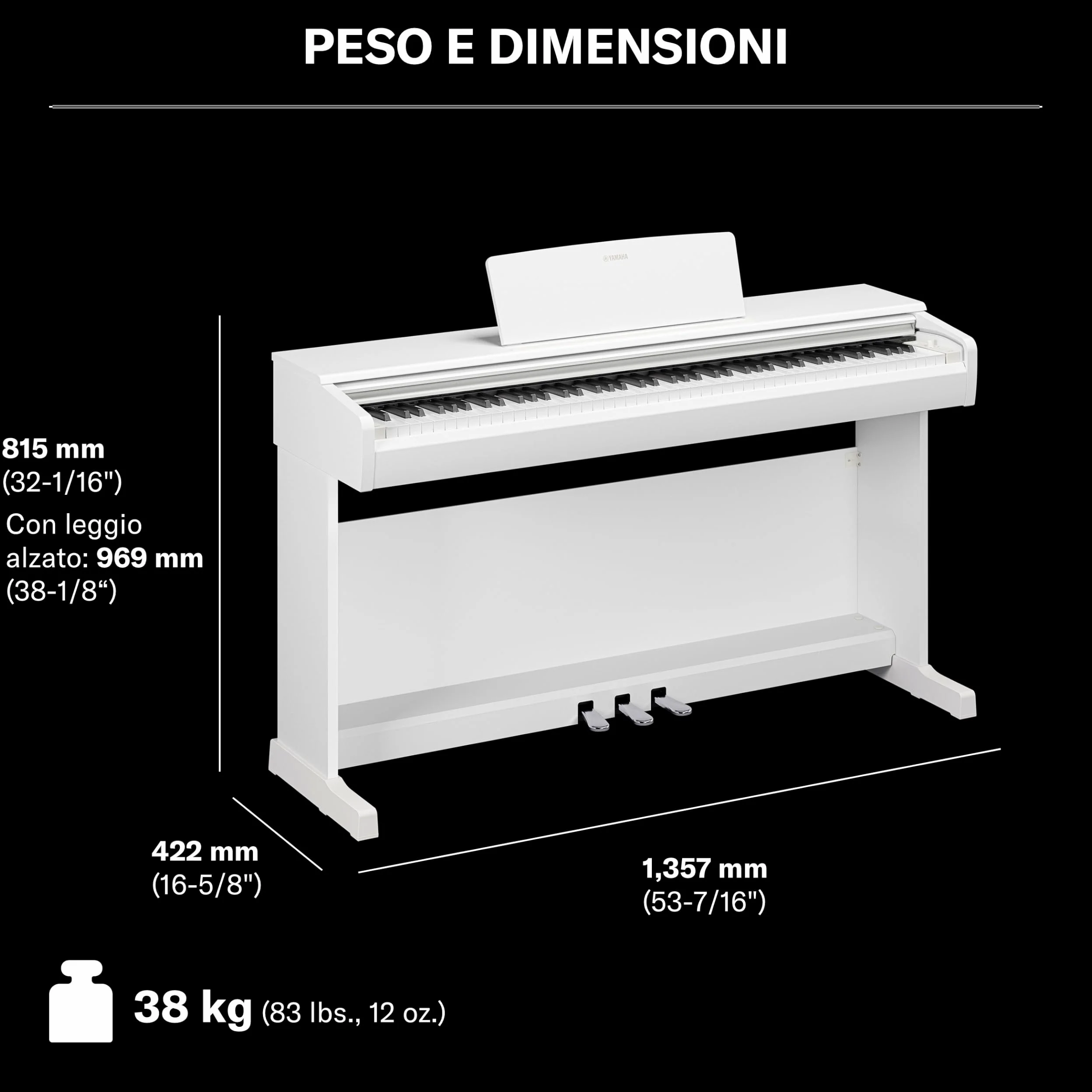 YAMAHA YDP-146 Pianoforte Digitale – 88 Tasti Pesati GHS, Suono CFX Concert Grand, Speaker Stereo 8W, Bluetooth, 3 Pedali, Ideale per Casa e Principianti – Bianco