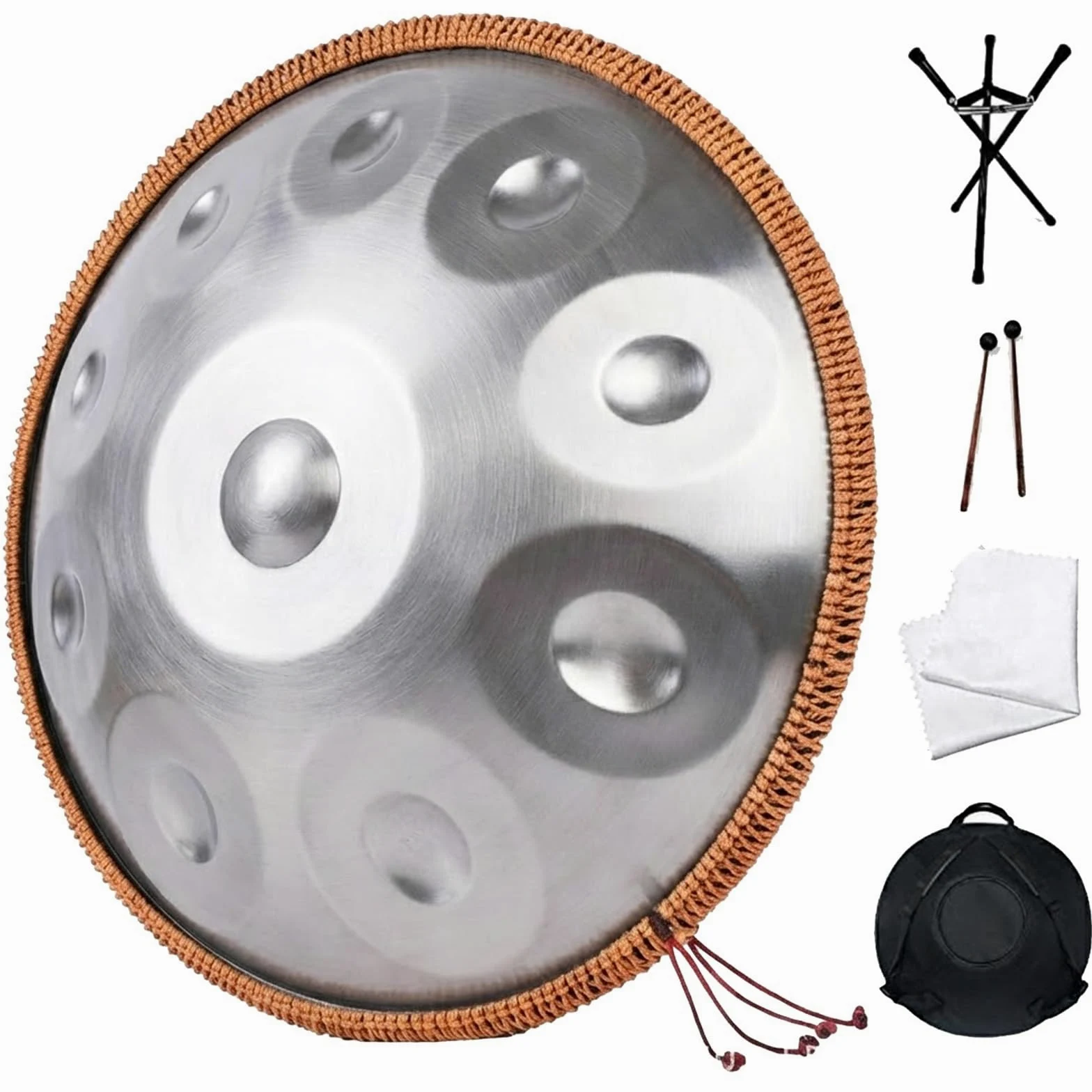 Hand Pan, Steel Handpan Drum, 18/22" D Minor Kurd 440Hz 9/10/12 Note, con Custodia, Supporto, 2 Bacchette, Adesivi per Note Musicali, per Principianti, Meditazione(D'argento,440HZ/22inch/14Note)