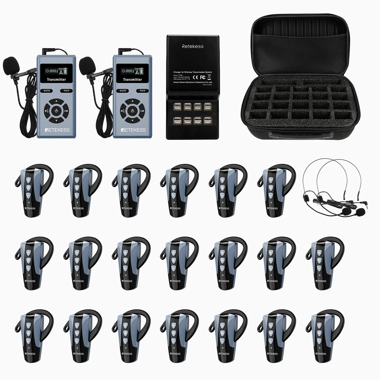 Retekess TT106S Sistema di Guida Turistica Wireless, Ricevitore a Gancio Auricolare, 2.4G, Controllo un-tocco, Porta di Ricarica USB, con Borsa di Stoccaggio (2 Trasmettitori, 20 Ricevitori)