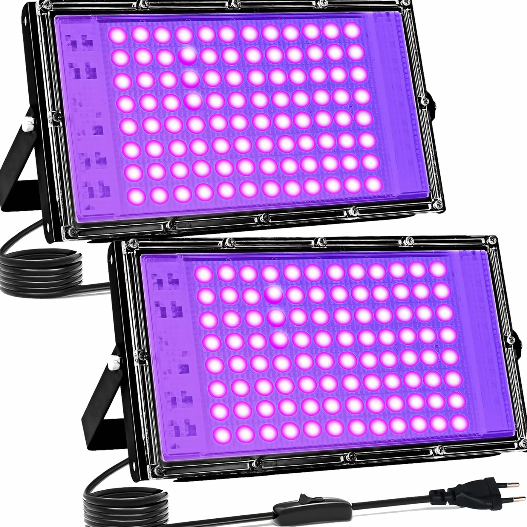 Luce Nera UV 100W, Indmird 2 Pezzi Faretto UV LED con Interruttore, 395-400nm Potente Faro UV Impermeabile IP65 Lampada UV per Festa Glow,Pittura,Acquario,Natale,Halloween