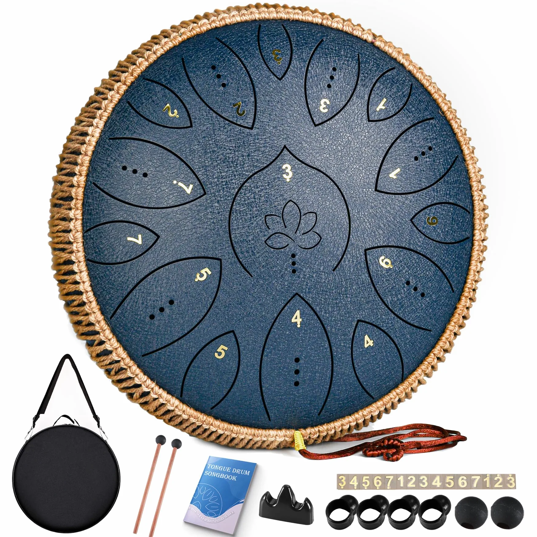 Tamburo in acciaio da 33 cm, 15 note, tamburo a mano per adulti 440 Hz, strumento musicale a mano maggiore con libro di canzoni, mazze e borsa per il trasporto, blu navy