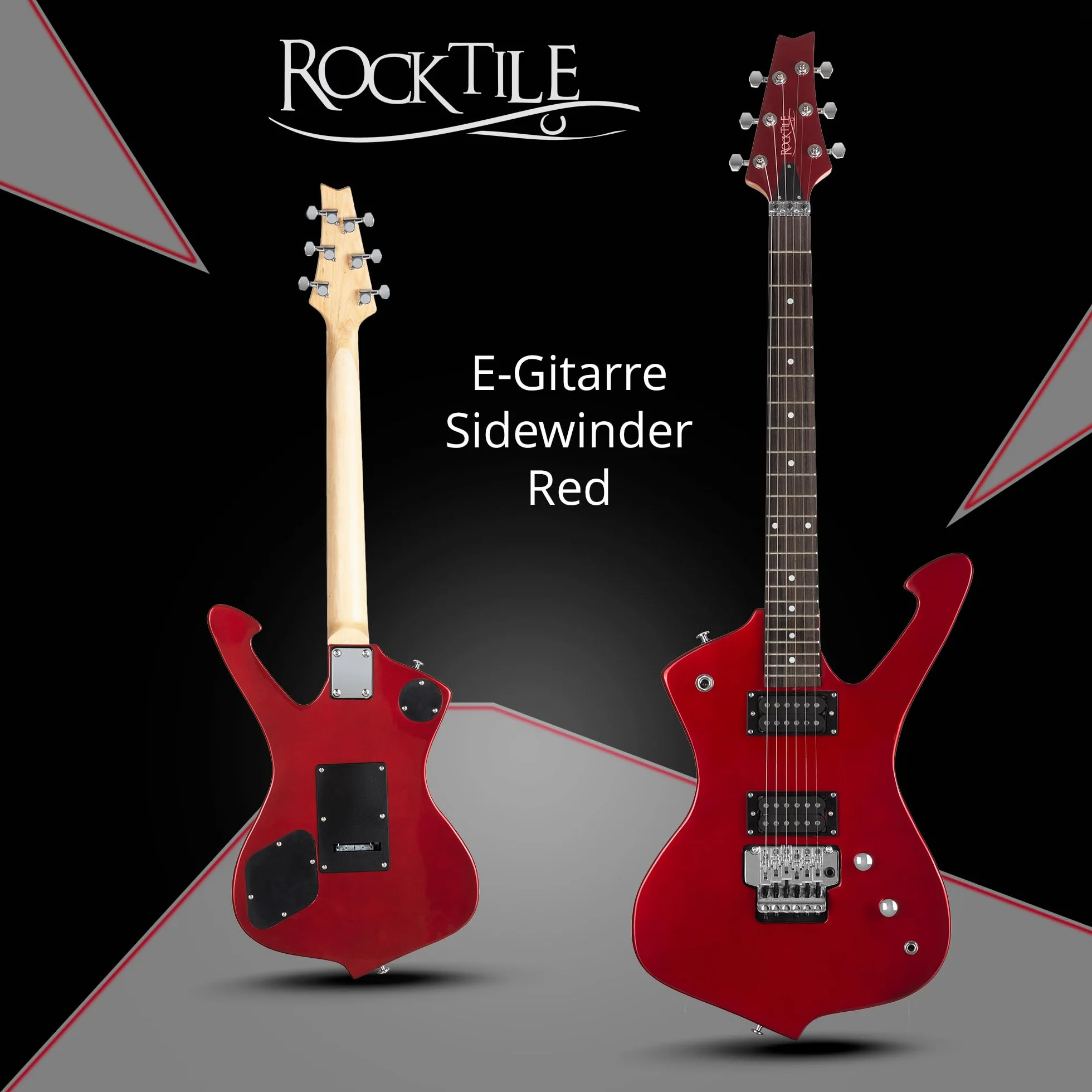 Rocktile Sidewinder E-Guitar, Modello: Sidewinder, Corpo: Tiglio, Scala: 25 | Manico: Acero avvitato, 2 Humbucker Pickup, 22 Tasti Medium Jumbo, 5" (648 mm), Tastiera: legno duro selezionato, Inlay: Dot