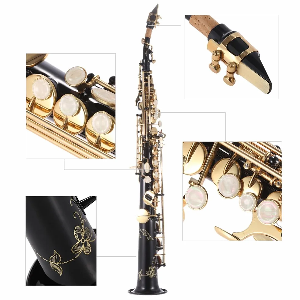 HUIOP Ottone Dritto Sax Soprano Sassofono Sib B Strumento a fiato Piatto Conchiglia Naturale Modello Intagliato con Custodia Guanti Panno per la Pulizia Cinghie Asta per la Pulizia
