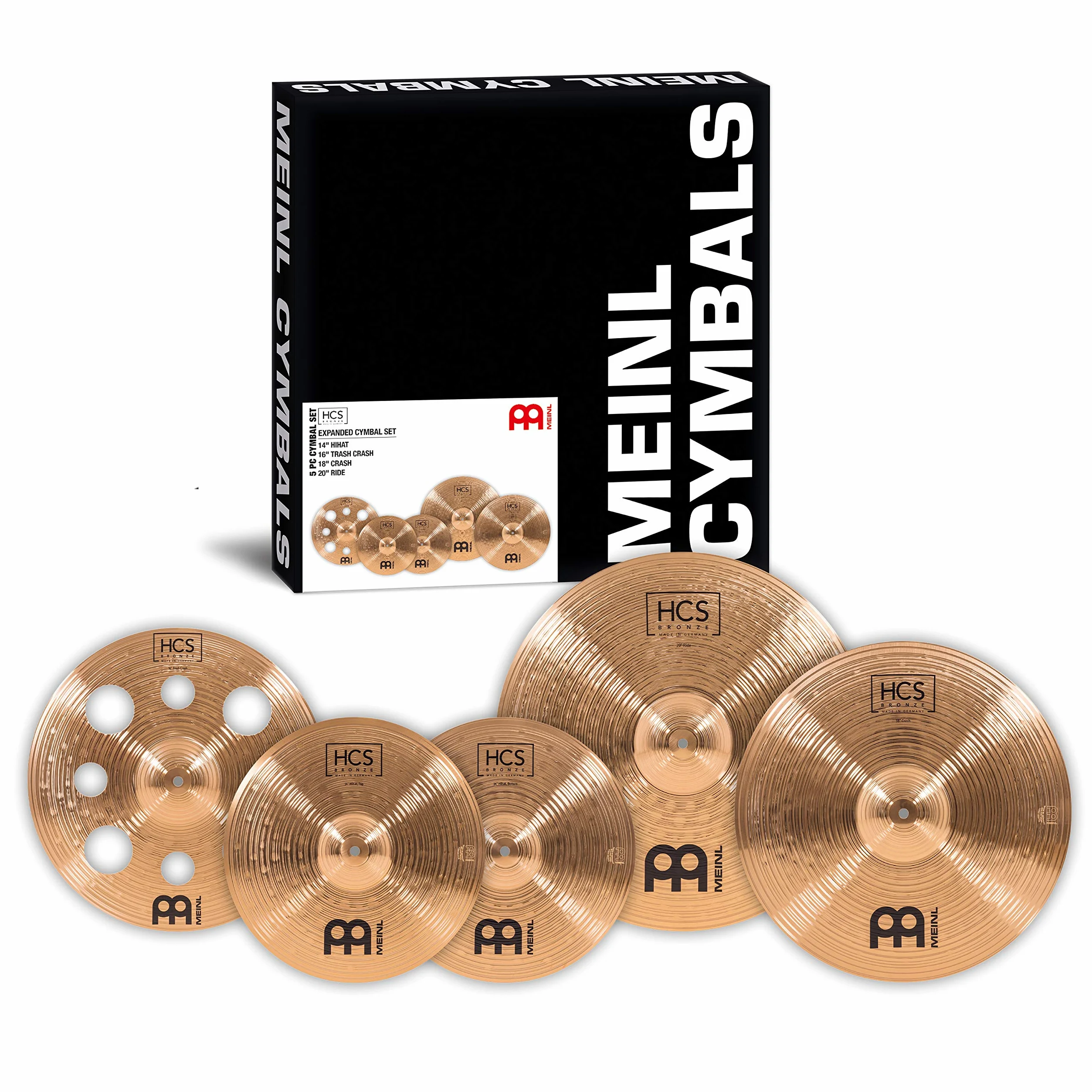 Meinl Cymbals HCS Bronze Expanded Cymbal Set di Piatti Box Pack con Hihat 14 pollici, Trash Crash 16, Crash 18 e Ride 20 per Batteria – Bronzo B8, Finitura Tradizionale (HCSB14161820)