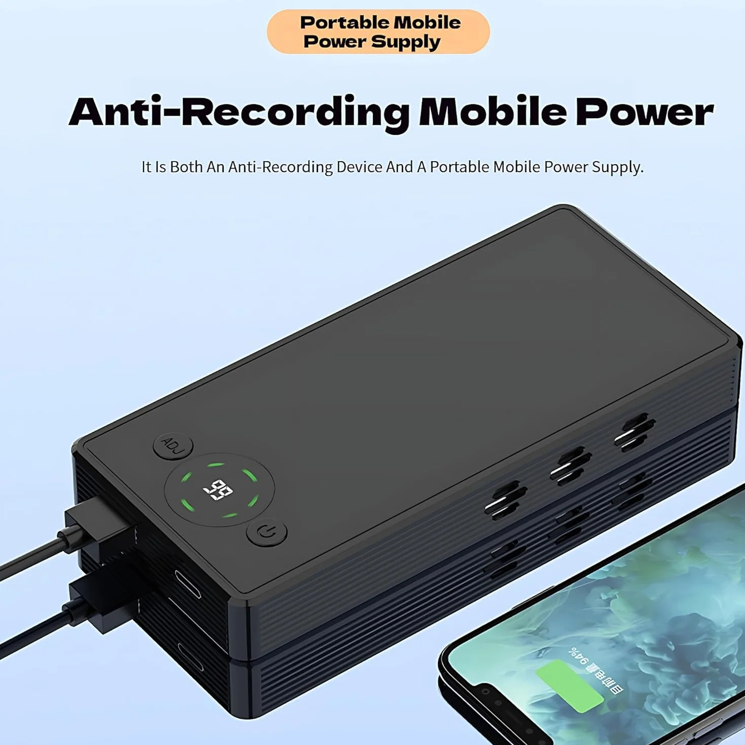 Registrazione Blocker Jammer, 300 ° Registrazione Interceptor Jammer con Display Power Bank e LCD da 4000MAH, Dispositivo Anti-Registrazione a Gamma 1-50 m per telefoni cellulari, registrato