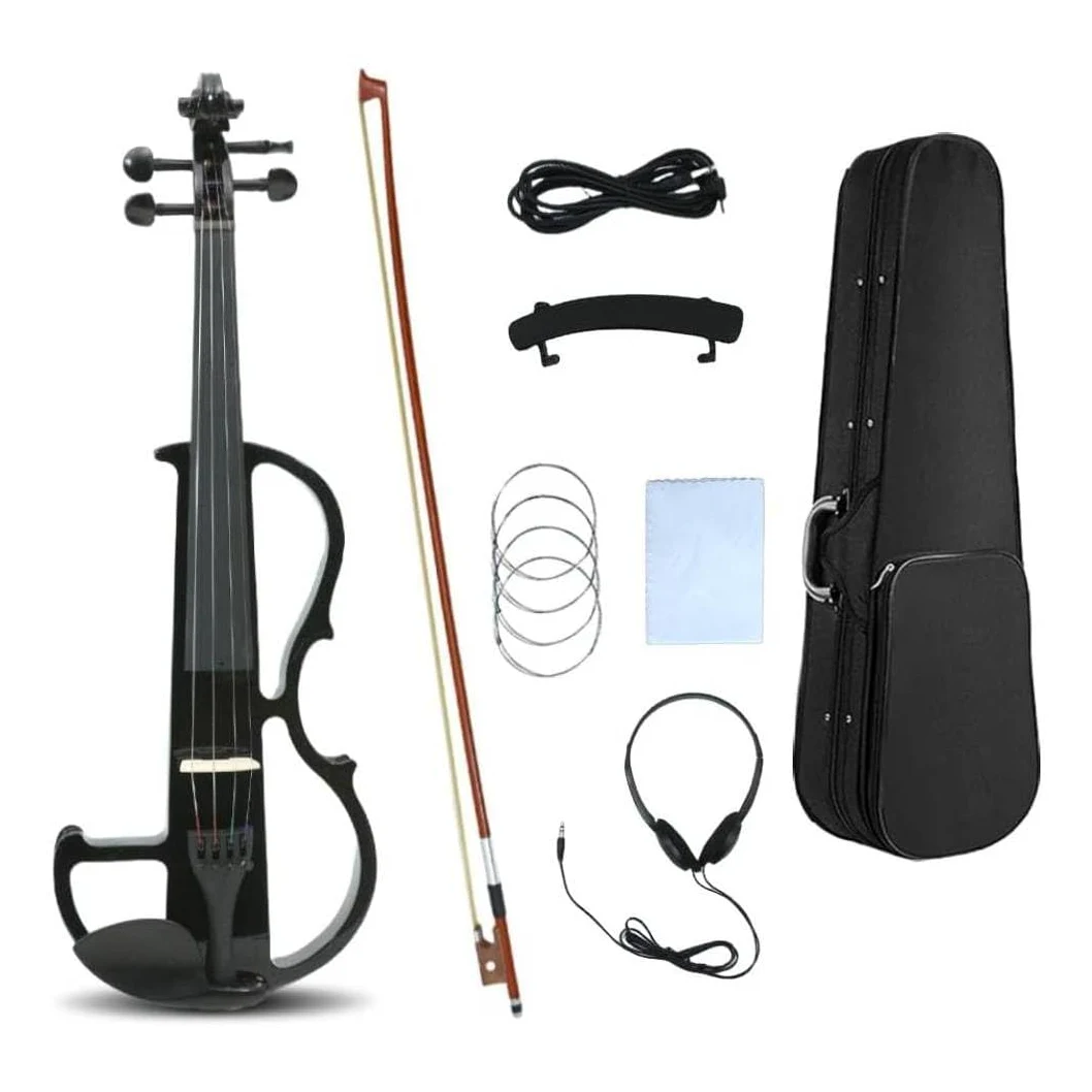 Violino elettrico full size silenzioso corpo in legno massello ebano raccordi con custodia, archetto, cuffie, cavo, corde per studenti, principianti e adulti (nero)