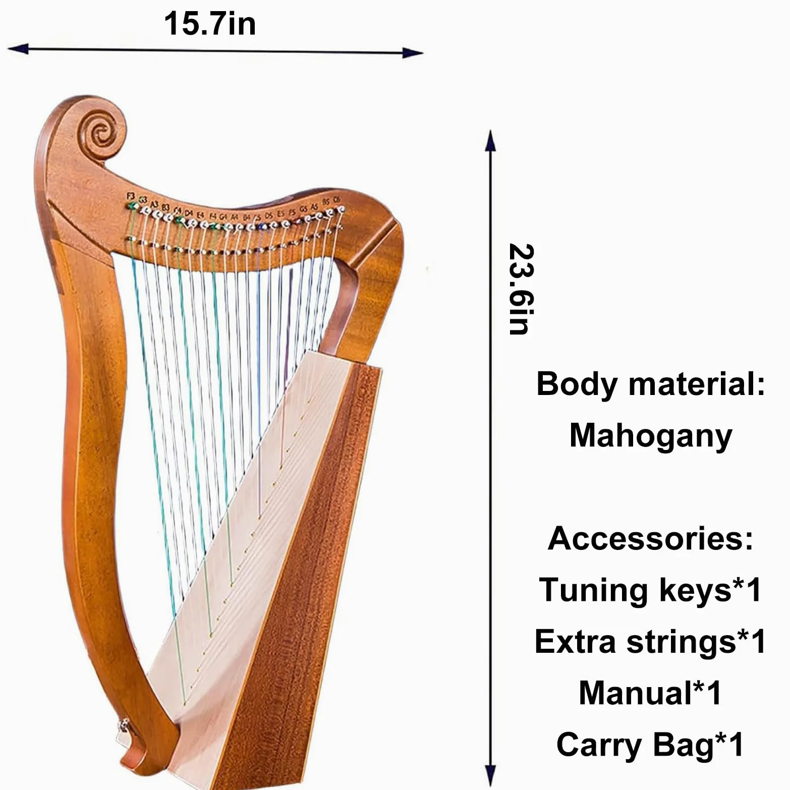 Arpa Celtica Irlandese, Arpa a Leva in Mogano a 19 Corde, Arpa a Lira in Mogano a 3 Fori con Chiave per Accordatura E Custodia Nera, Strumento Musicale di Risonanza, per Amanti della Musica