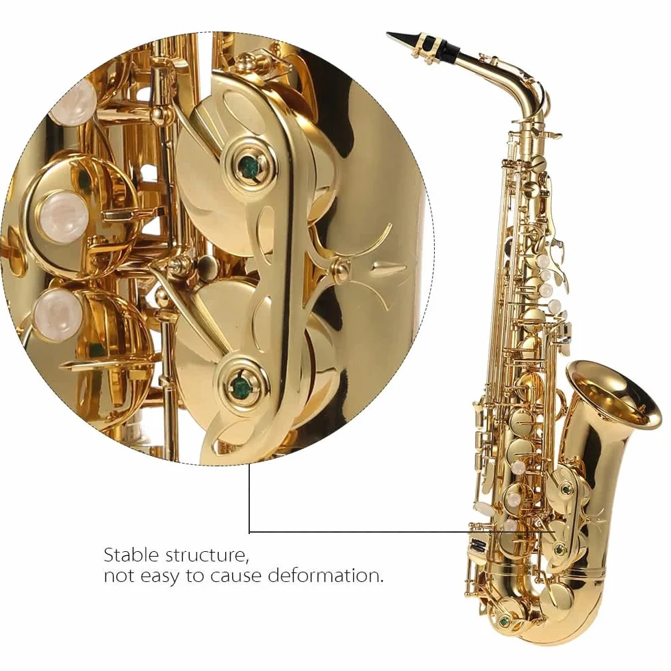 Sax d39,Sassofono contralto in mib Ottone laccato oro Sax piatto in mi 802 Tipo di chiave Strumento a fiato con spazzola per la pulizia Guanti di stoffa Custodia imbottita con cinturino
