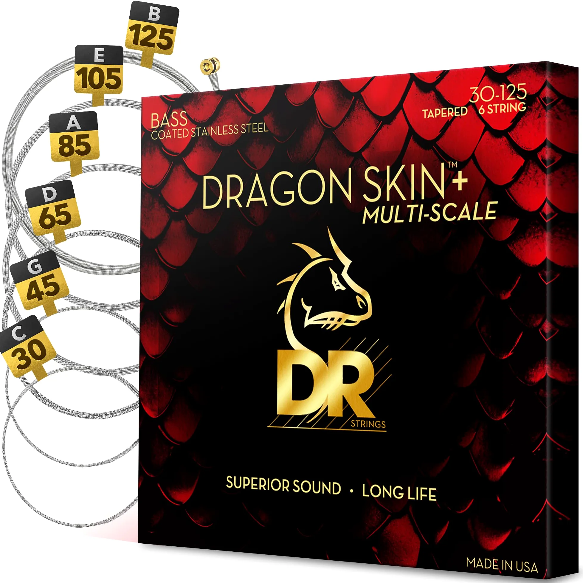 DR Strings Dragon Skin+ - Corde per basso a 6 corde, rivestite e affusolate, medie, 0,030-0,125
