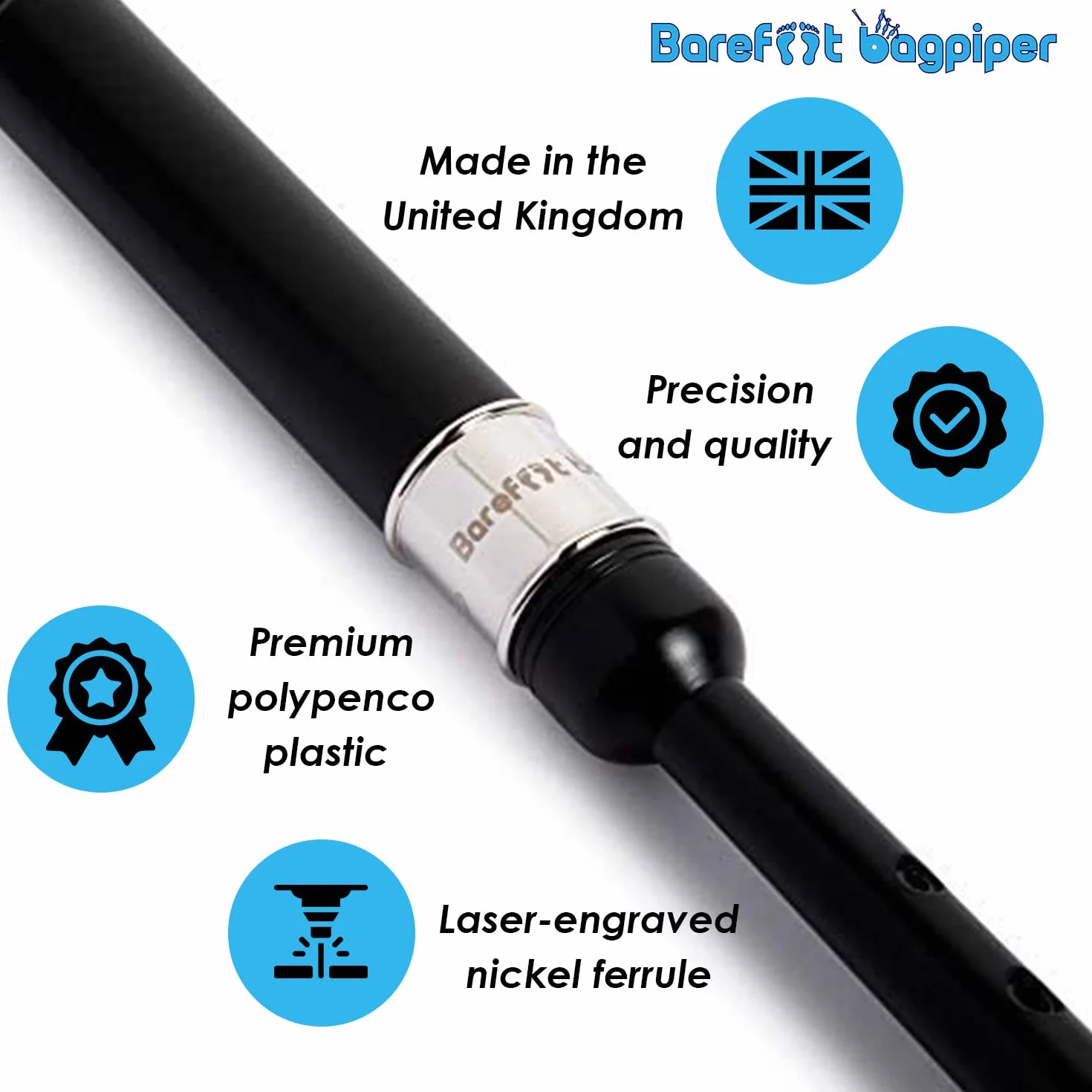 Bagpipe Practice Chanter 18 inches long, full size hole spacing, Nickel Plated Engraved Ferrule. Breathable Black Case. Bagpipes for Beginners Adult, 2 Bagpipe Practice Chanter Reeds