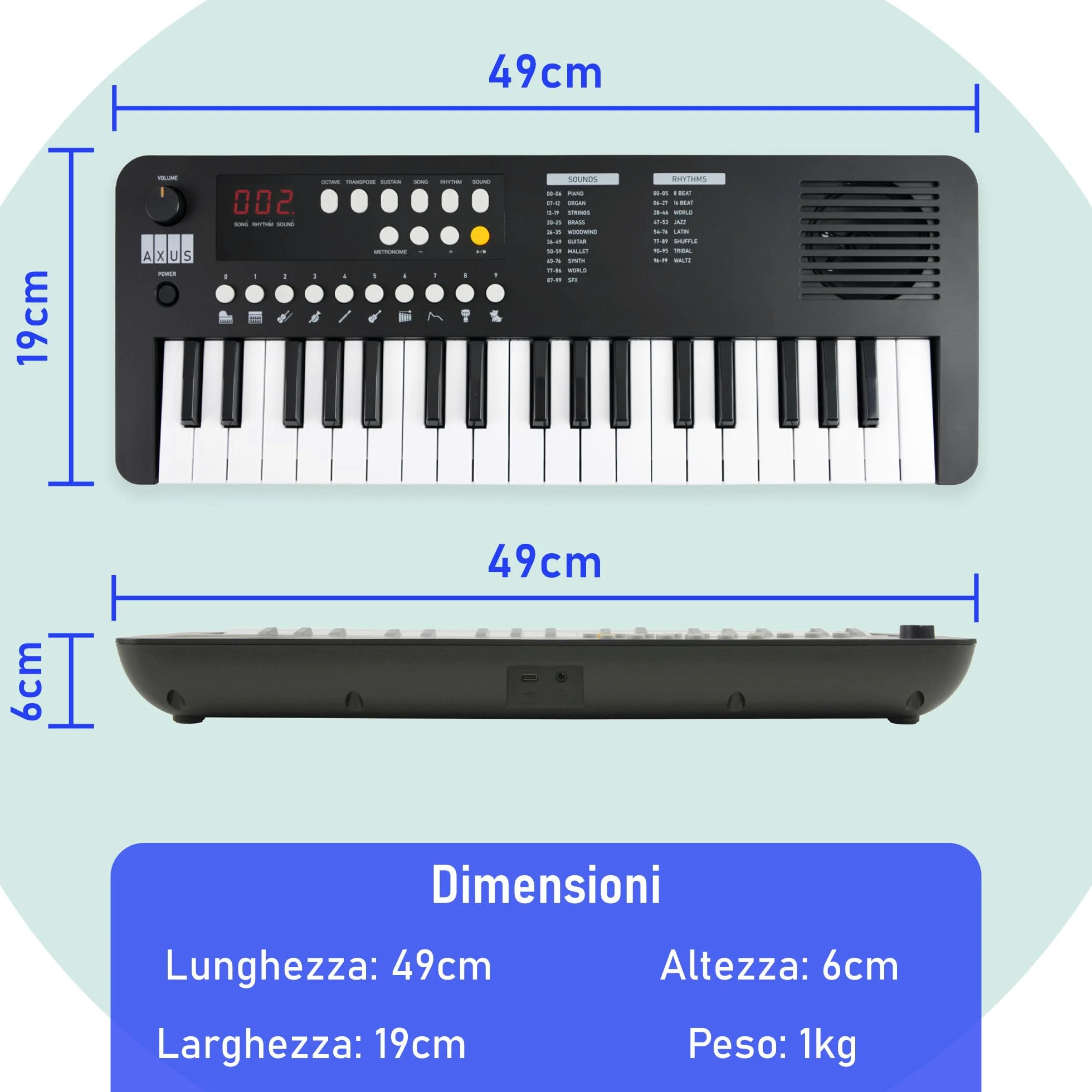 Axus 37 Mini Tastiera Portatile In Midnight Black - Divertente Pianoforte Elettrico Per Principianti, Usb-C O Alimentazione A Batteria