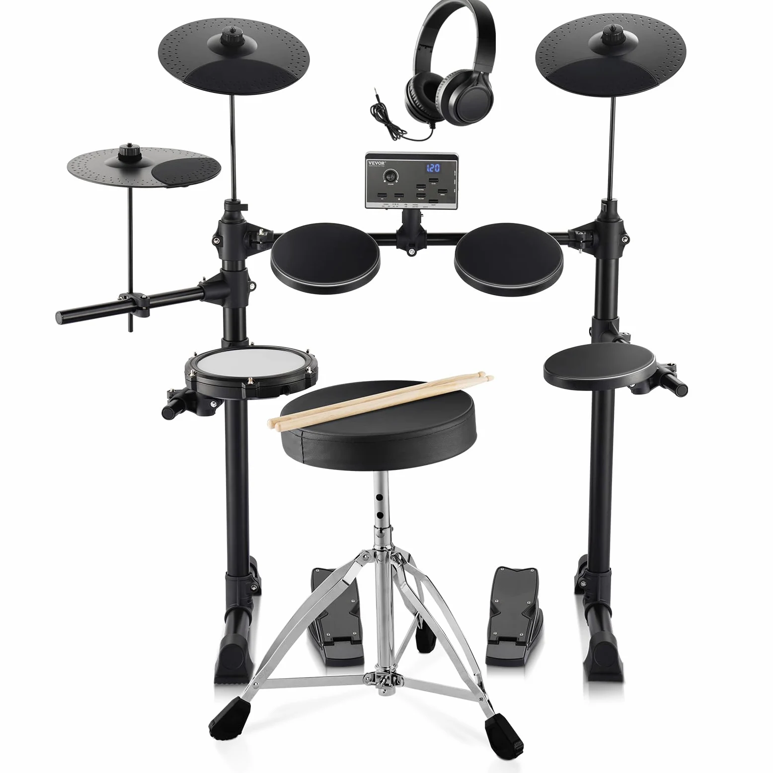 VEVOR Set di Batteria Elettronica 15 Kit 150 Suoni, Rullante Mesh 65,5 mm Con Supporto USB MIDI, Piatti, Bacchette, Cuffie - per Principianti e Adulti
