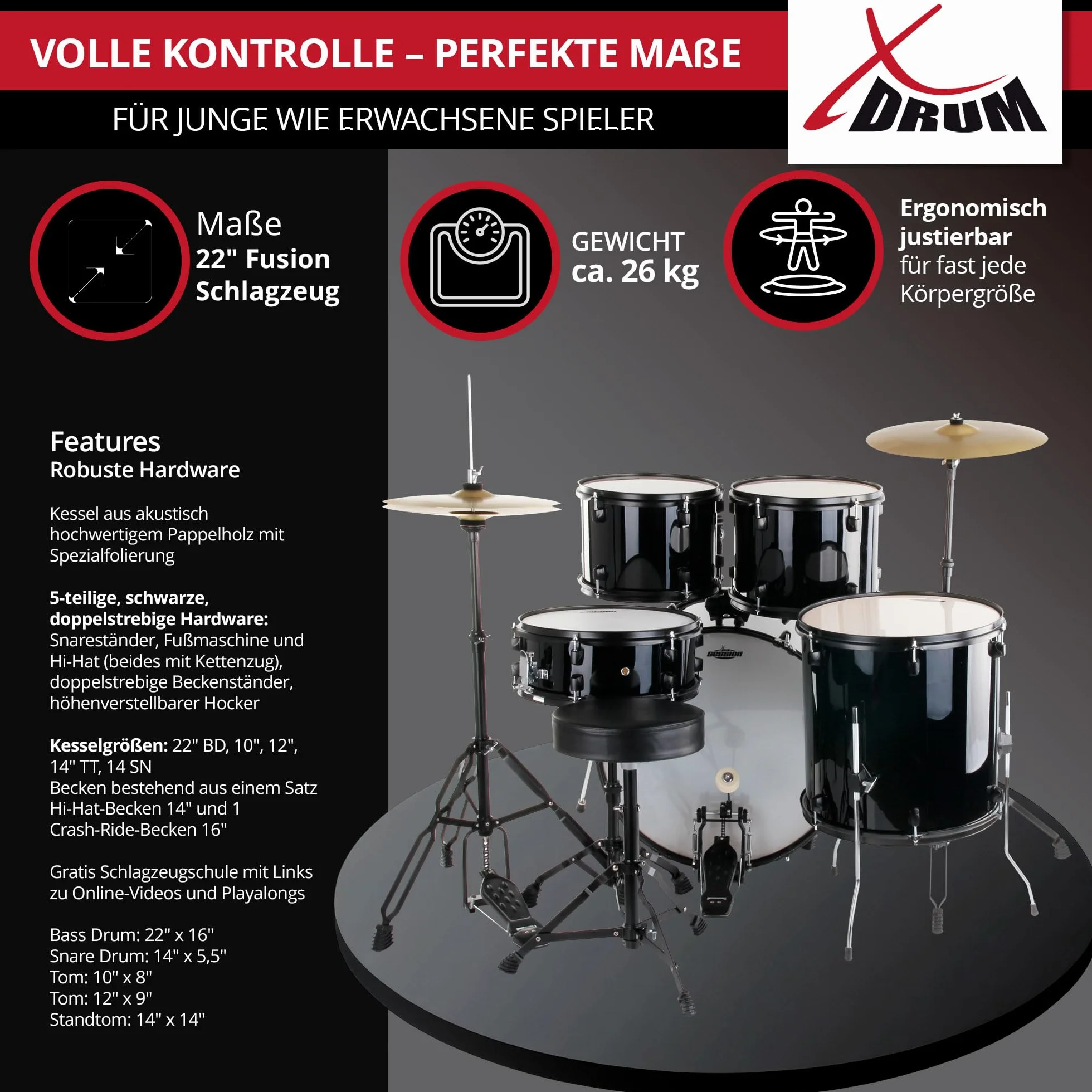 XDrum Rookie 22" Fusion Batteria Completa Black - Ideale per Principianti - Hardware Elegante in nero - Incl. Bacchette, Istruzioni di Montaggio e Scuola di Batteria - Nero