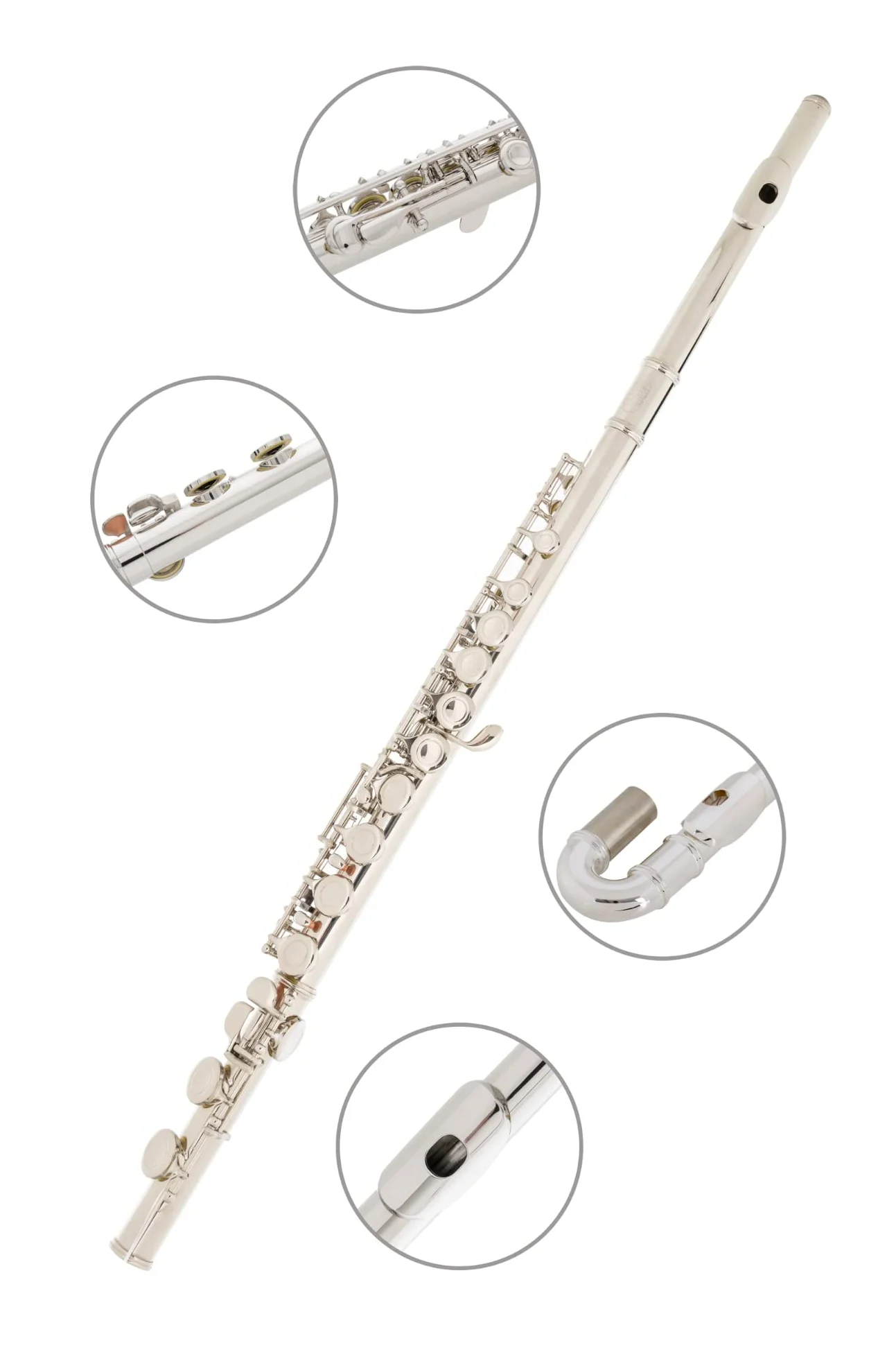 Classic Cantabile FL-200U Flauto Traverso Nichelato, Chiavi chiuse | Ottimo strumento per principianti, Particolarmente adatto ai bambini, Una testata dritta e una curva, Meccanica E fluida