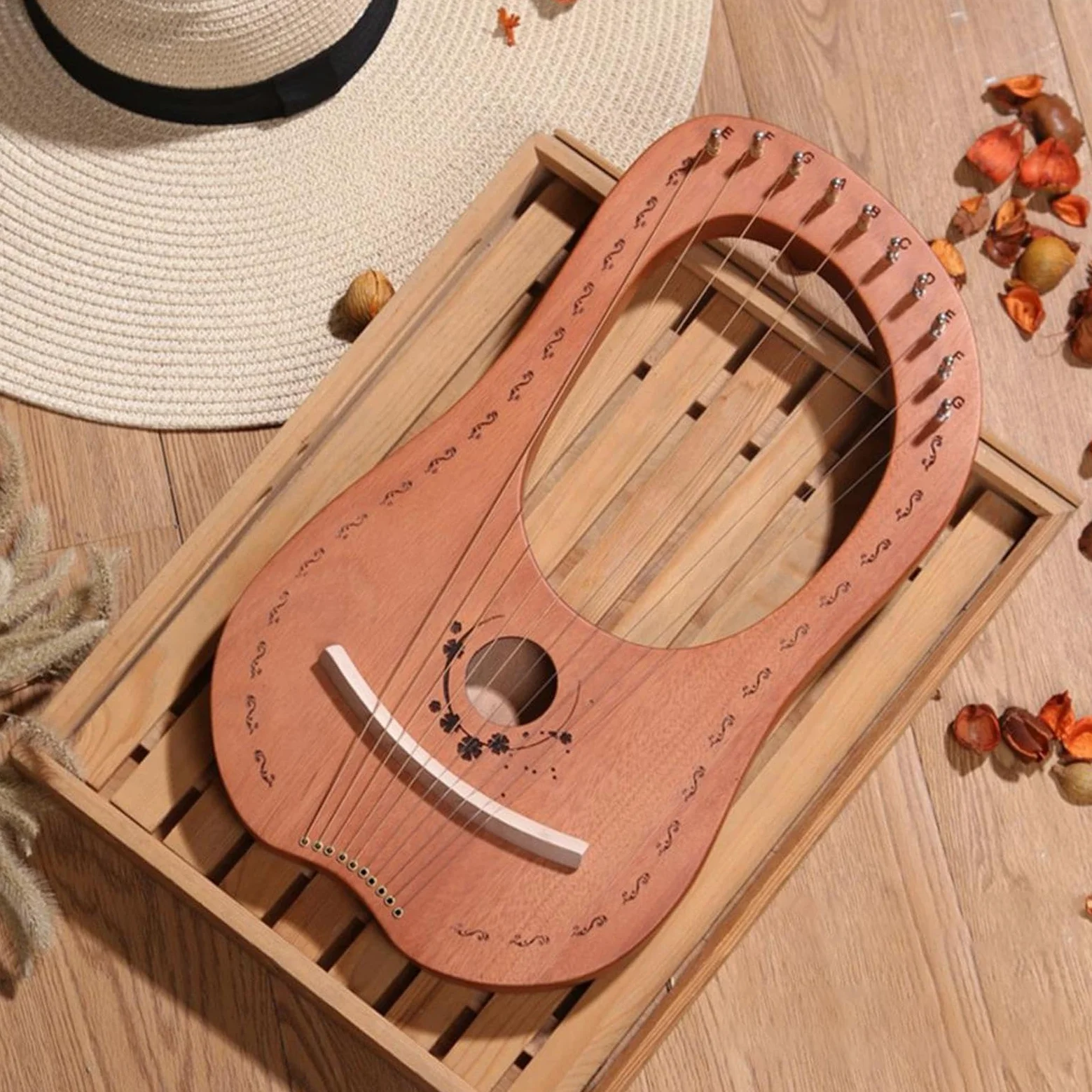Arpa A Lira - Strumento Portatile In Mogano Per Arpa A Lira A 10 Corde Con | L'arpa a lira in mogano con 10 corde in acciaio offre toni chiari in un design compatto e portatile per i principianti.