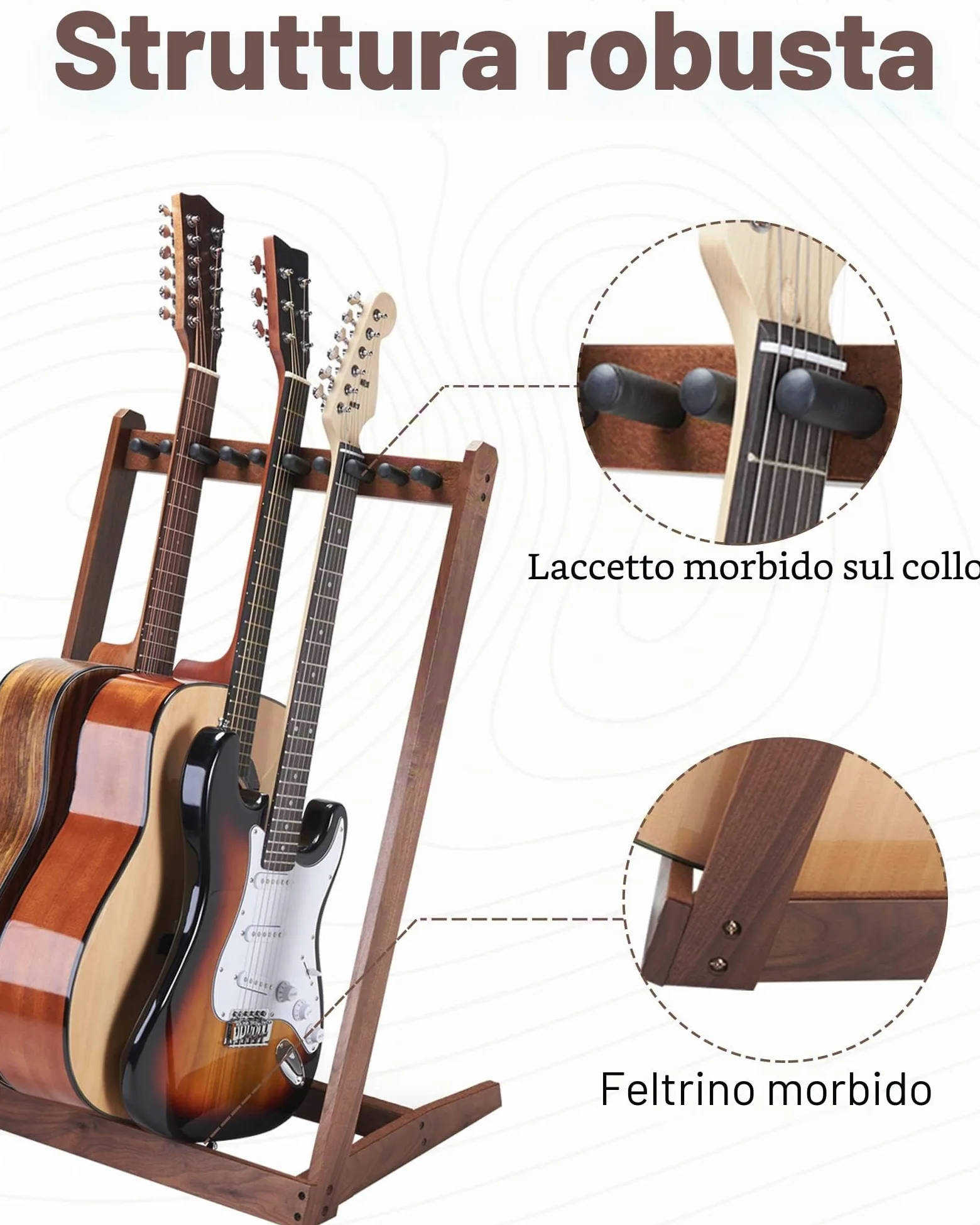 Supporto per chitarra multipla in legno duro (3 chitarre acustiche, 5 elettriche o basse), 5 supporti per chitarra da uomo, pieghevole, da pavimento, per studio e casa