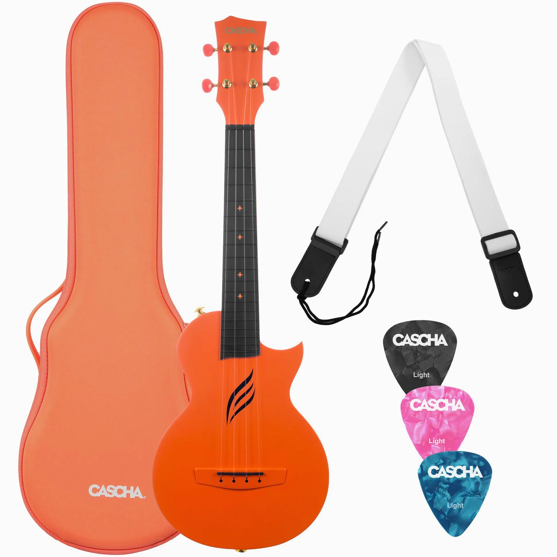 CASCHA Set per ukulele da concerto in fibra di carbonio, set con 3 plettri, custodia, tracolla, set per ukulele, set di corde in fluorocarbonio, piccola chitarra hawaiana per principianti, arancione