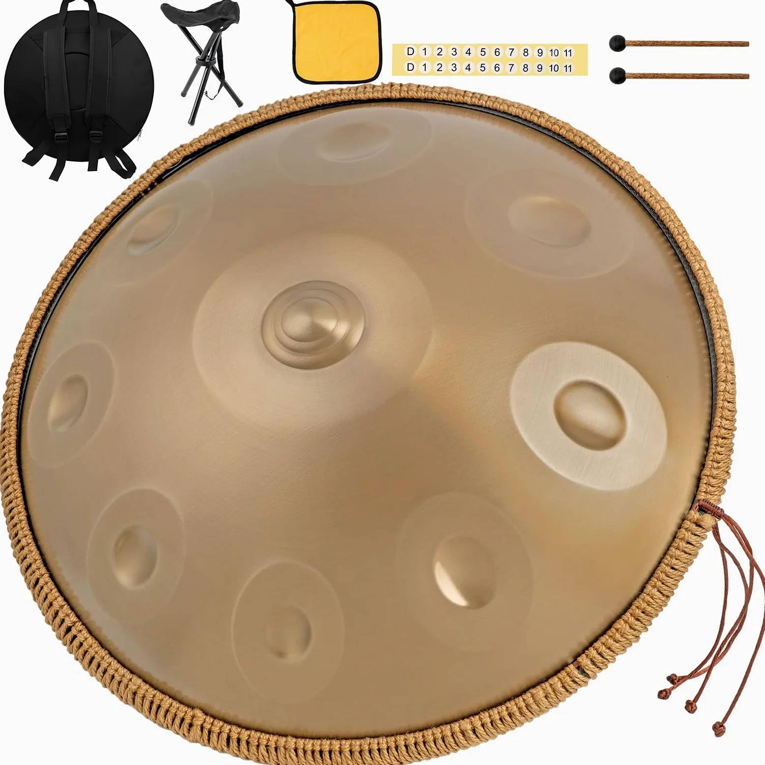Strumento Handpan 440 Hz Re Minore 22 Pollici Tamburo in Acciaio Handpan Tamburo a Mano 9 Note 10 Note 12 Note Guarigione Sonora Per Principianti (Oro, 9Y)