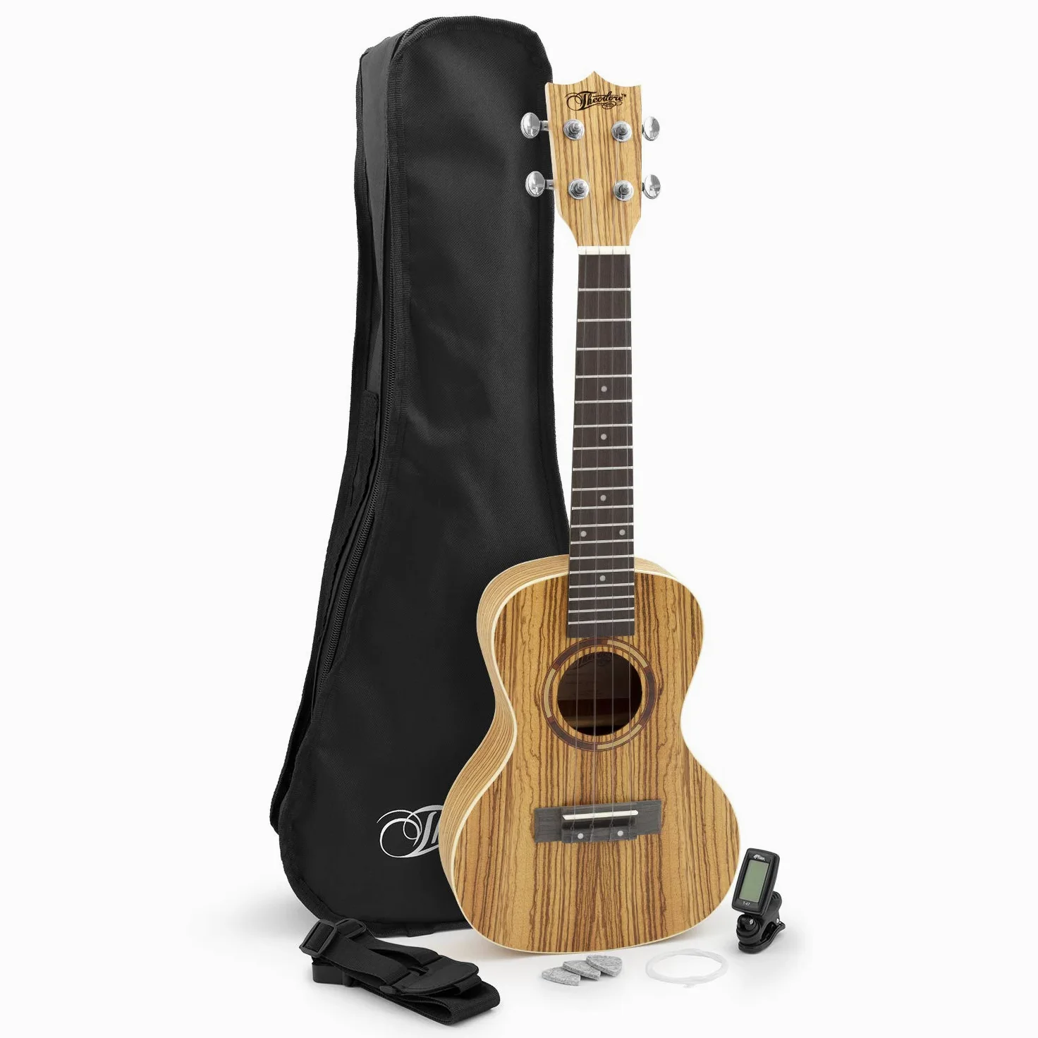Theodore T-U-04-ZB ukulele concerto zebrano kit completo | Include accordatore, custodia, tracolla, 3 plettri in feltro e corde di ricambio, ideale per principianti.