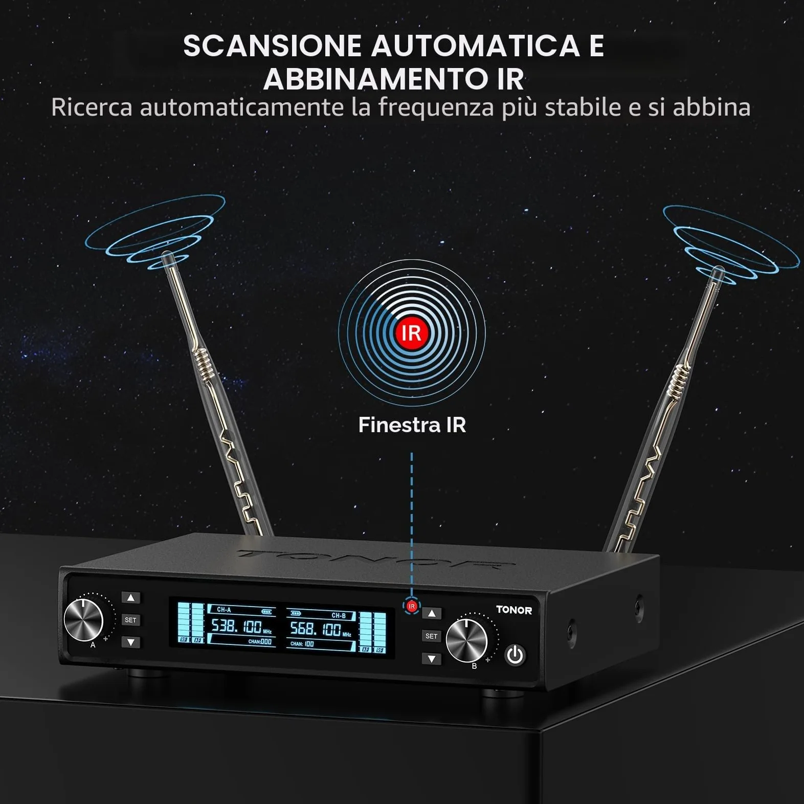 TONOR Sistema Microfono Wireless, Microfono Ricaricabile Professionale, Microfono Dinamico Cordless in Metallo 2x100 UHF per Karaoke, Chiesa, Canto, Matrimonio, Riunione, DJ, Auto Scan, 80 M,TW550
