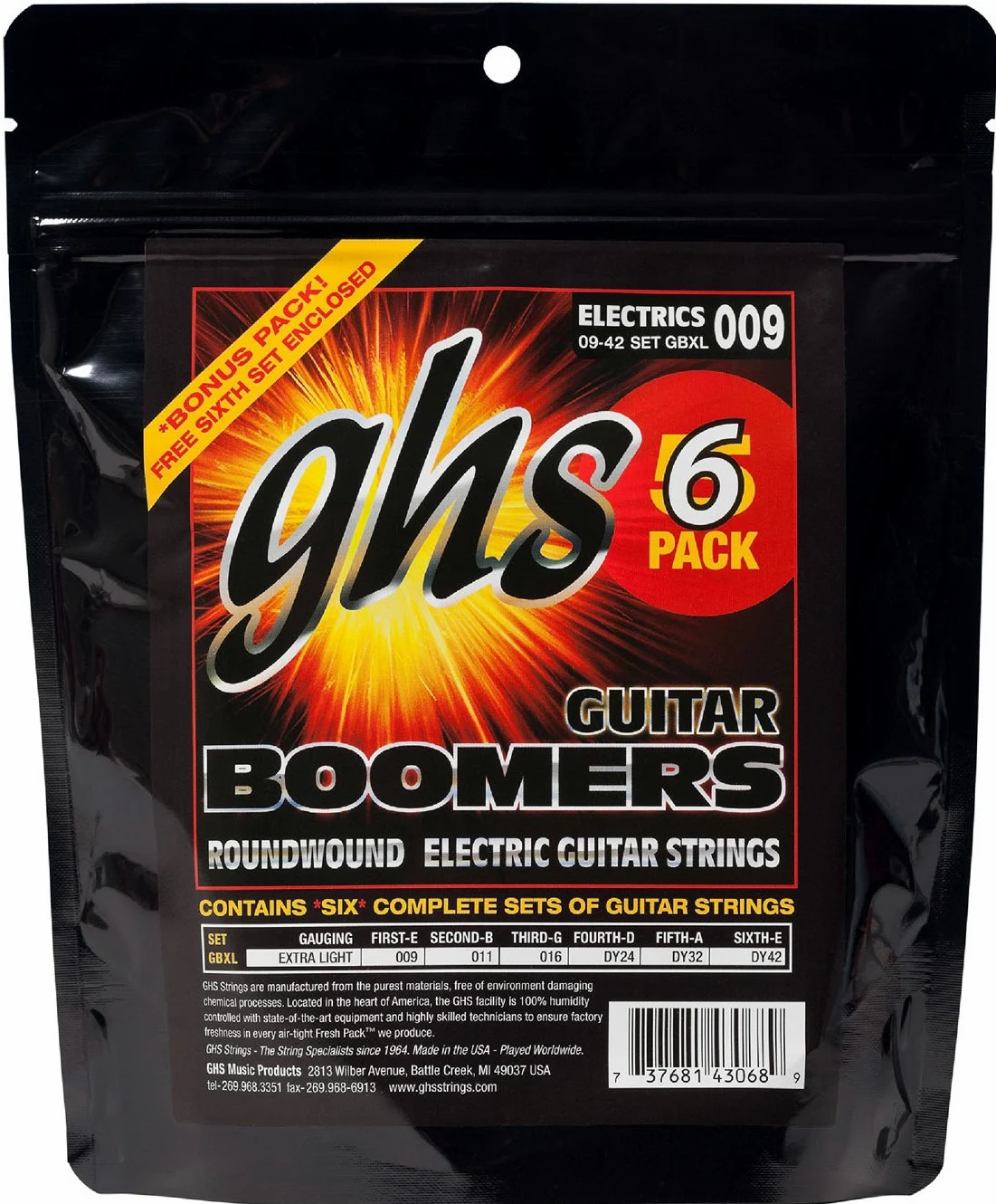 GHS Boomers - Corde per chitarra, extra light, misura da .009 a .042, 5 pz