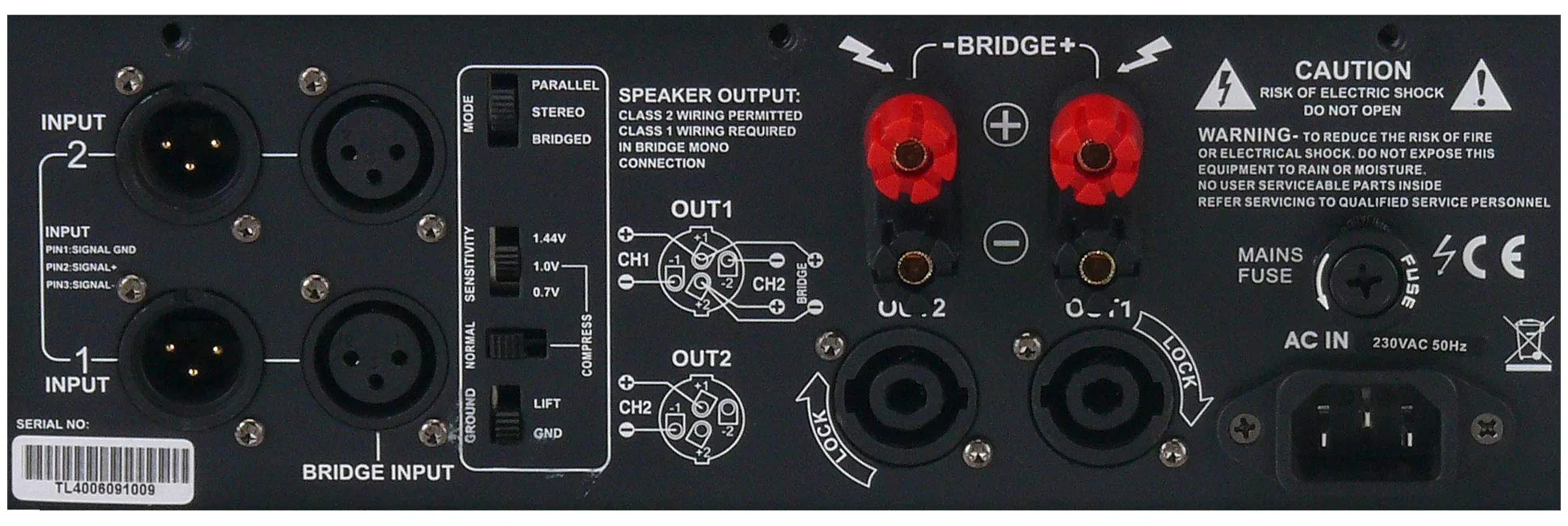 Pronomic TL-400 Finale - Amplificatore Stereo 2x1000W@2O - Ventola a Temperatura - Modalità Parallel, Stereo, Bridge - Circuiti Protezione - Uscita Class AB.