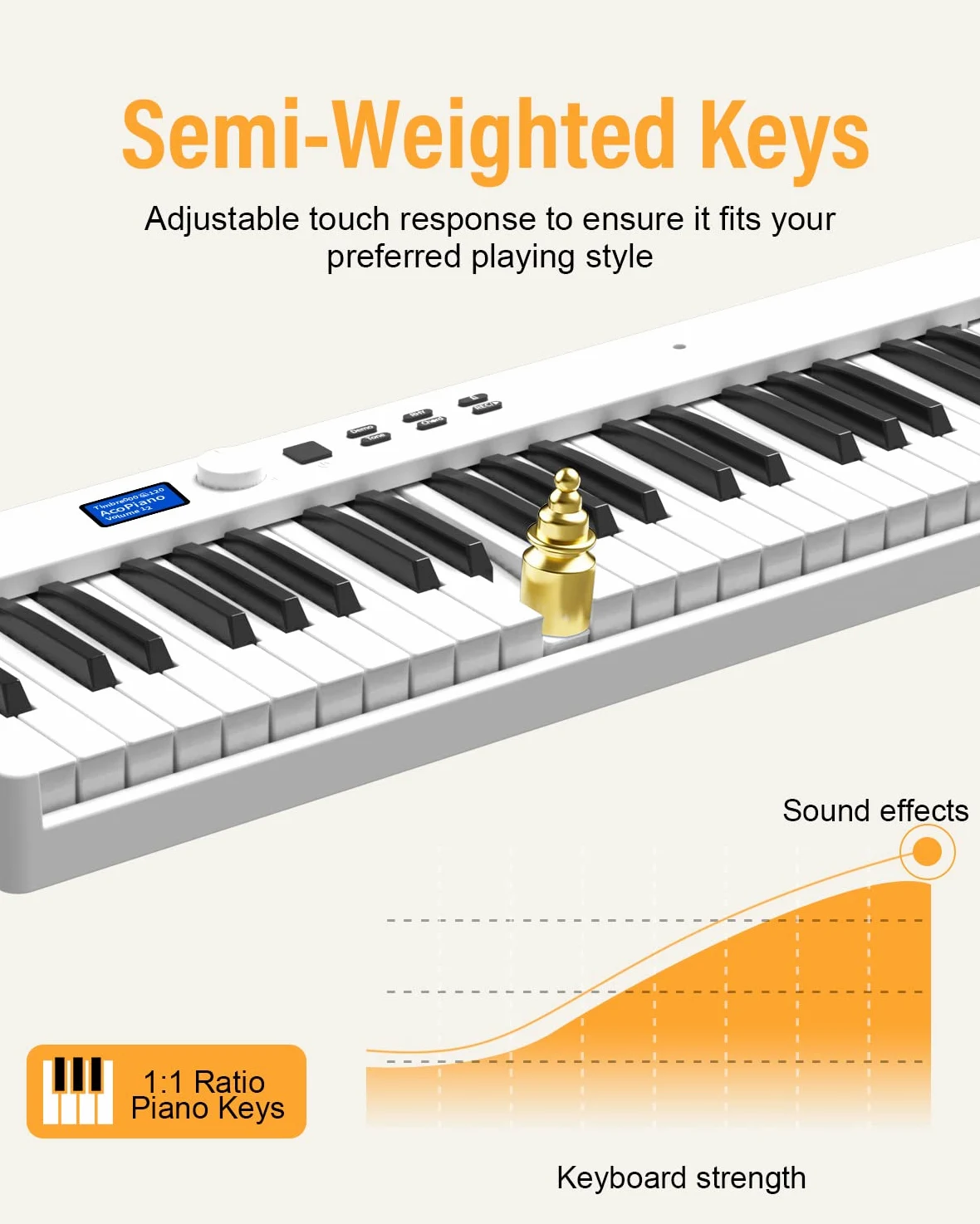 Piano con 88 tasti, pianoforte pieghevole con schermo LCD e tasti semi-ponderati, supporto MIDI Bluetooth, tastiera digitale con tasca per pianoforte, regalo di compleanno (bianco)