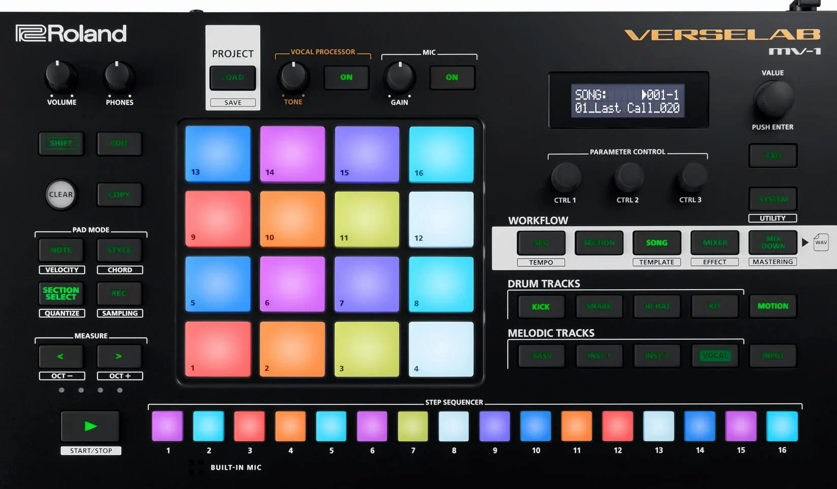 Studio di Produzione Musicale Professionale Roland VERSELAB MV-1 ZEN-Core per Compositori e Cantanti. 4x4 pad e Step Sequencer TR-REC per la batteria, le linee di basso e le parti melodiche