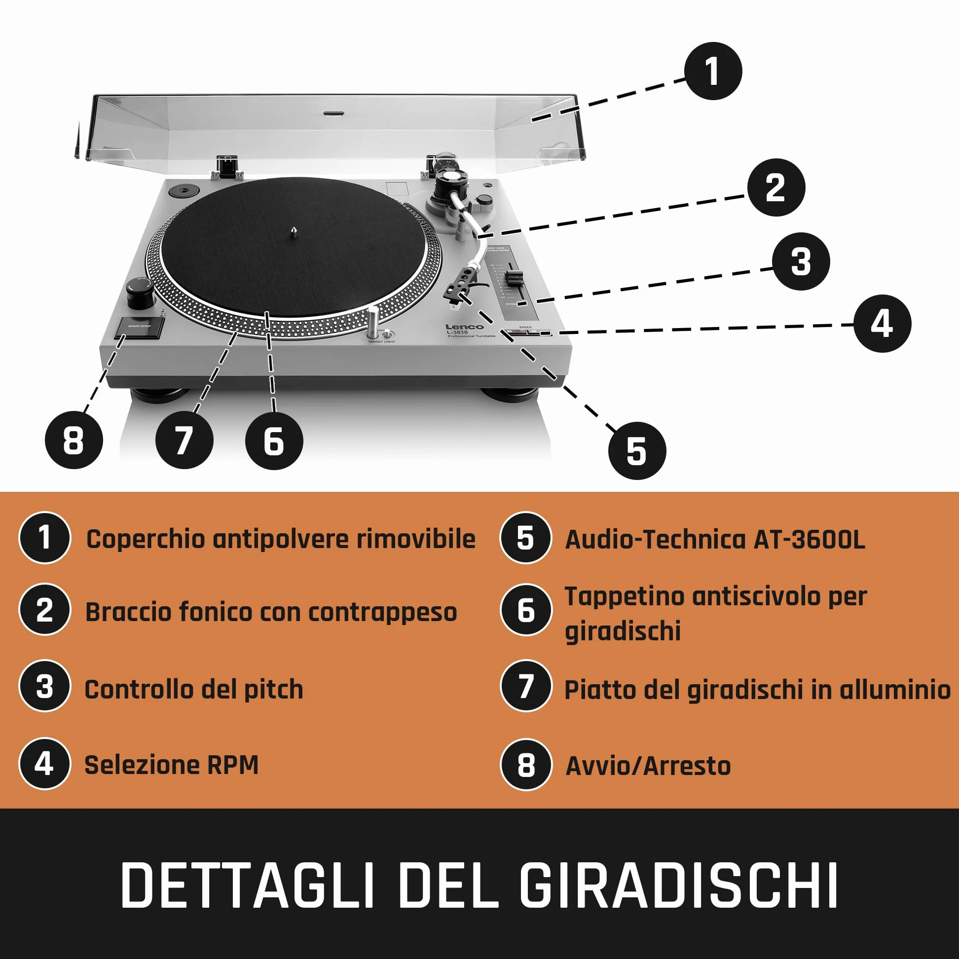 Lenco L-3810 Giradischi con azionamento diretto – Giradischi DJ – 33/45 giri/min – Pitch Control – Sistema di pickup magnetico – Illuminazione ago – Pitch Control – Grigio opaco