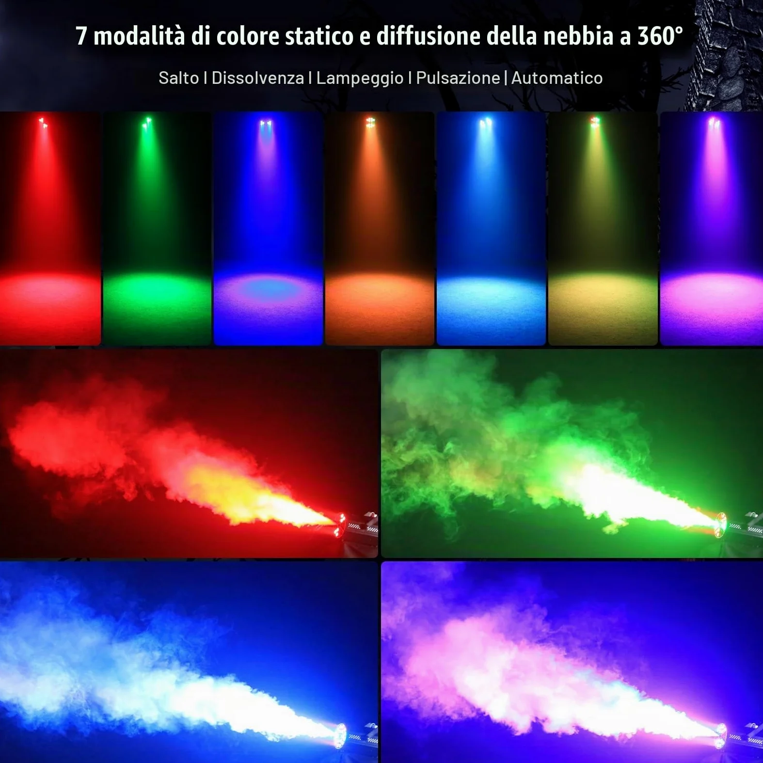 Macchina del fumo, 18 LED RGB con telecomando, LED luminosi, gradiente di colore, salto, impulso, strobo, per feste, Natale, Halloween, DJ, palchi e spazi aperti