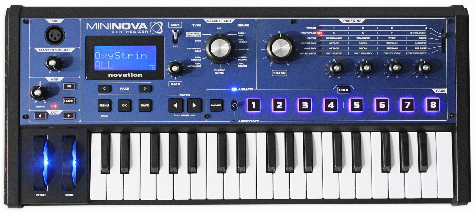 Novation MiniNova, sintetizzatore a modellazione analogica con 37 mini tasti - Mini-synth compatto e potente con effetto vocoder e correttore d'intonazione, 256 suoni integrati e cinque effetti vocali
