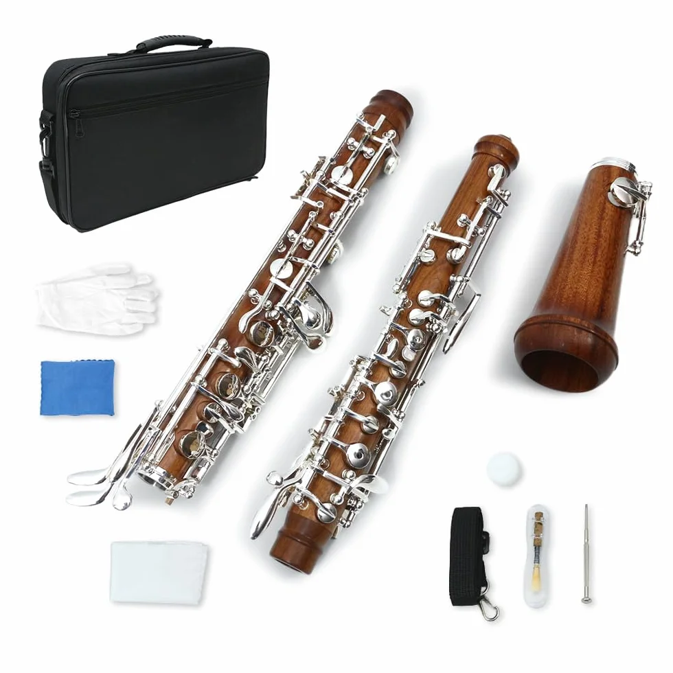Yinfente Oboe professionale in palissandro placcato argento chiave C sinistra F risonanza semiautomatica strumento a fiato con ance per oboe e guanti, custodia in pelle + borsa per il trasporto e