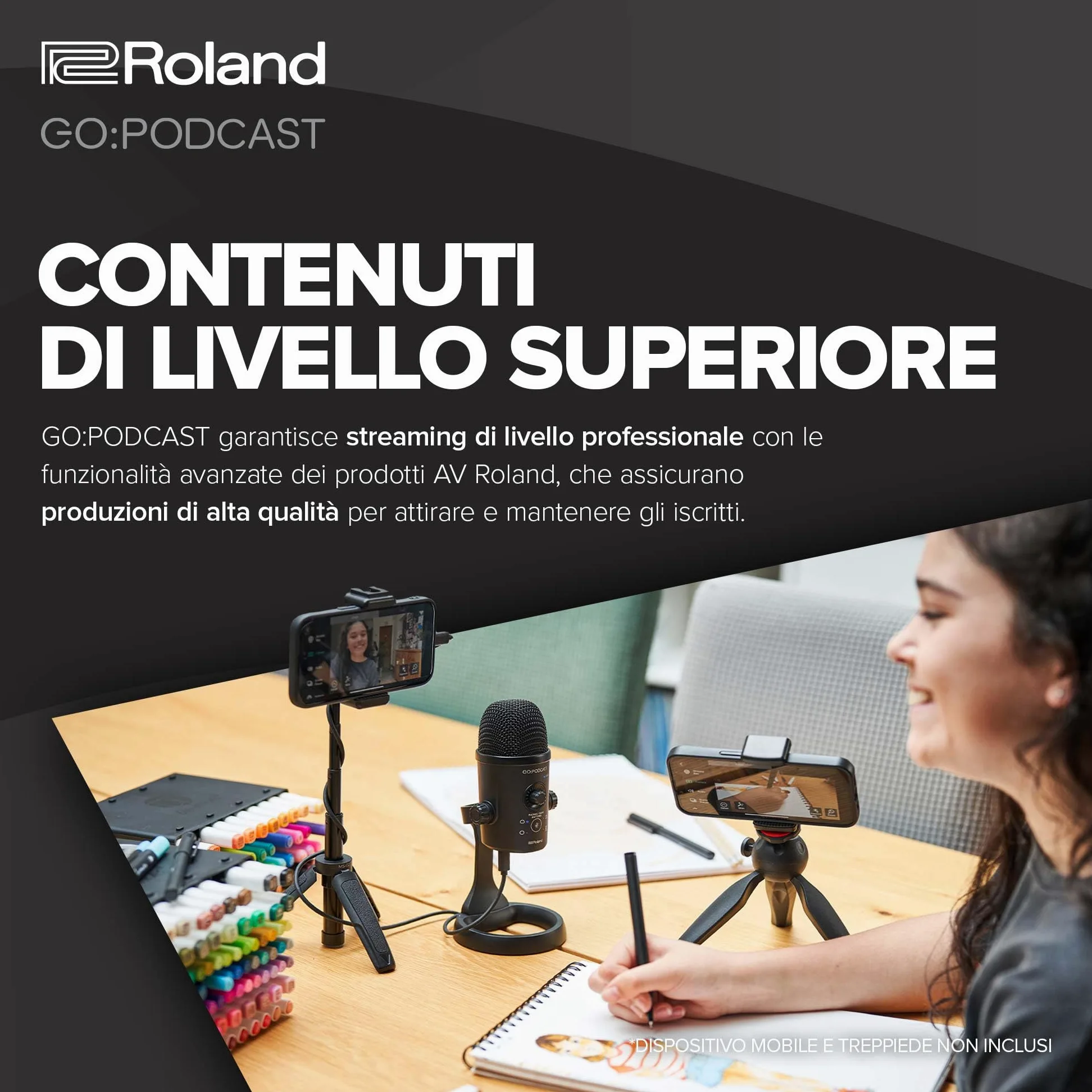 Roland GO:PODCAST Video Podcasting Studio per Smartphone | Sistema per il Livestreaming, Facile da Usare, per Podcaster, Vlogger e Altro | Video App Intuitiva | Microfono USB di Alta Qualità