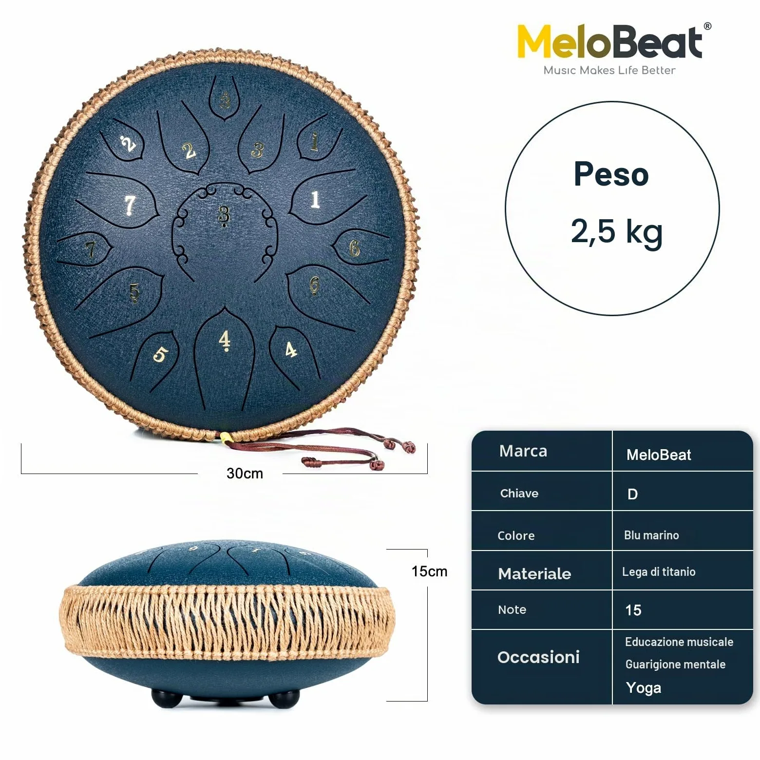 MeloBeat Steel Tongue Drum Handpan - Tamburo in Acciaio 12 Pollici 15 Note - Set Professionale di Tamburi a Lingua in D Maggiore Incluso Libro delle Canzoni per Tamburo con Custodia (Blu Scuro)