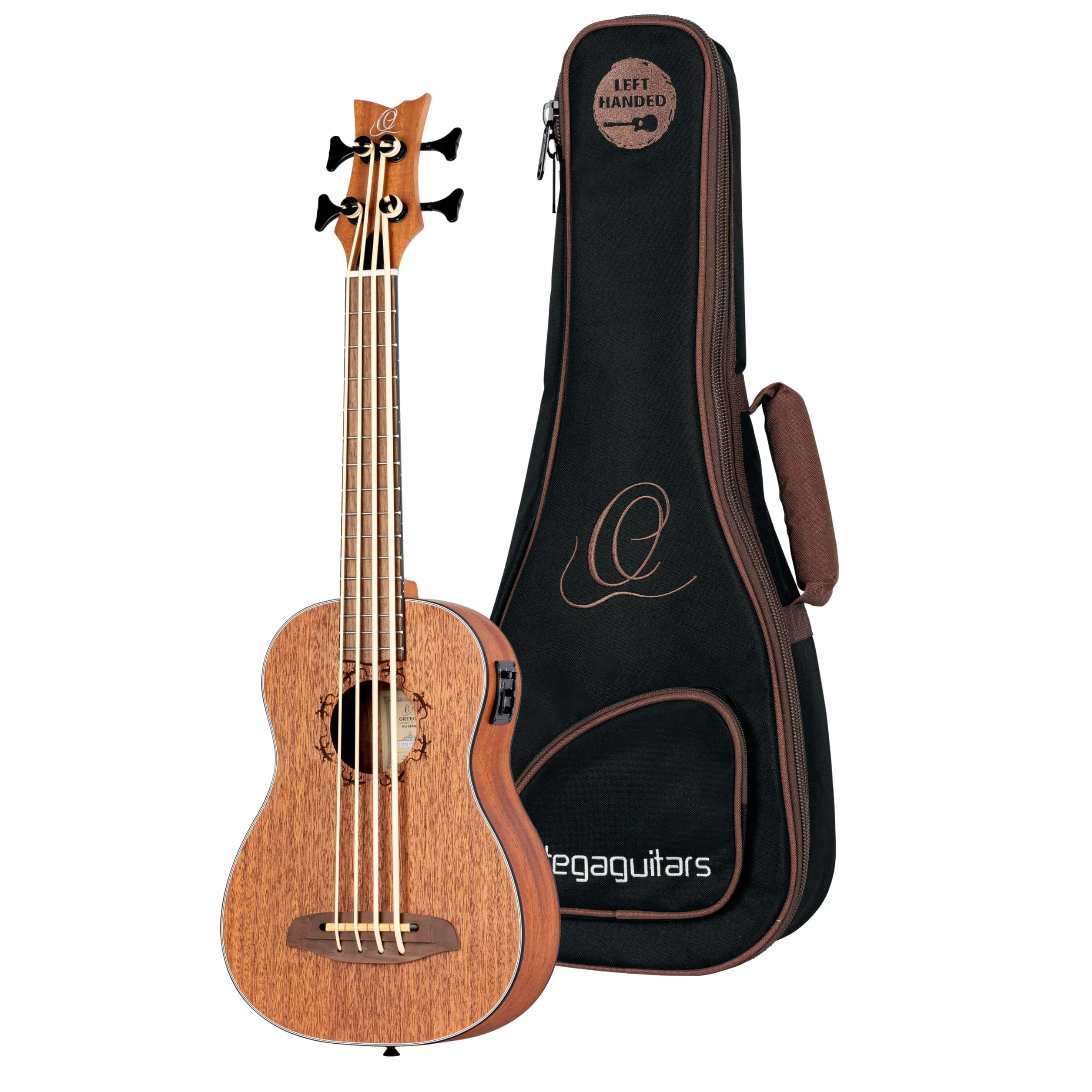Ortega Guitars Travel Bass elettro-acustico - mancino - Serie Lizard - Ukulele Basso - include Gig Bag - Mogano (LIZZY-BS-GB-L)