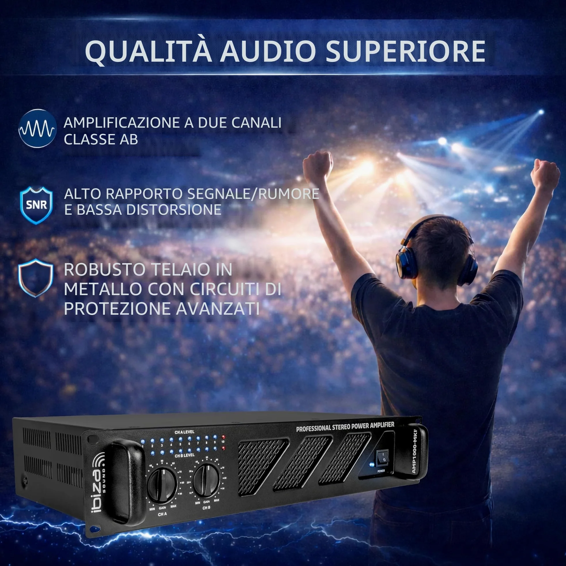 Ibiza AMP1000-MKII Amplificatore PA professionale 2x800 W – Amplificatore di potenza stereo da 19” montabile su rack con ingressi RCA/Jack, uscite Speakon/morsettiera e protezioni elettroniche