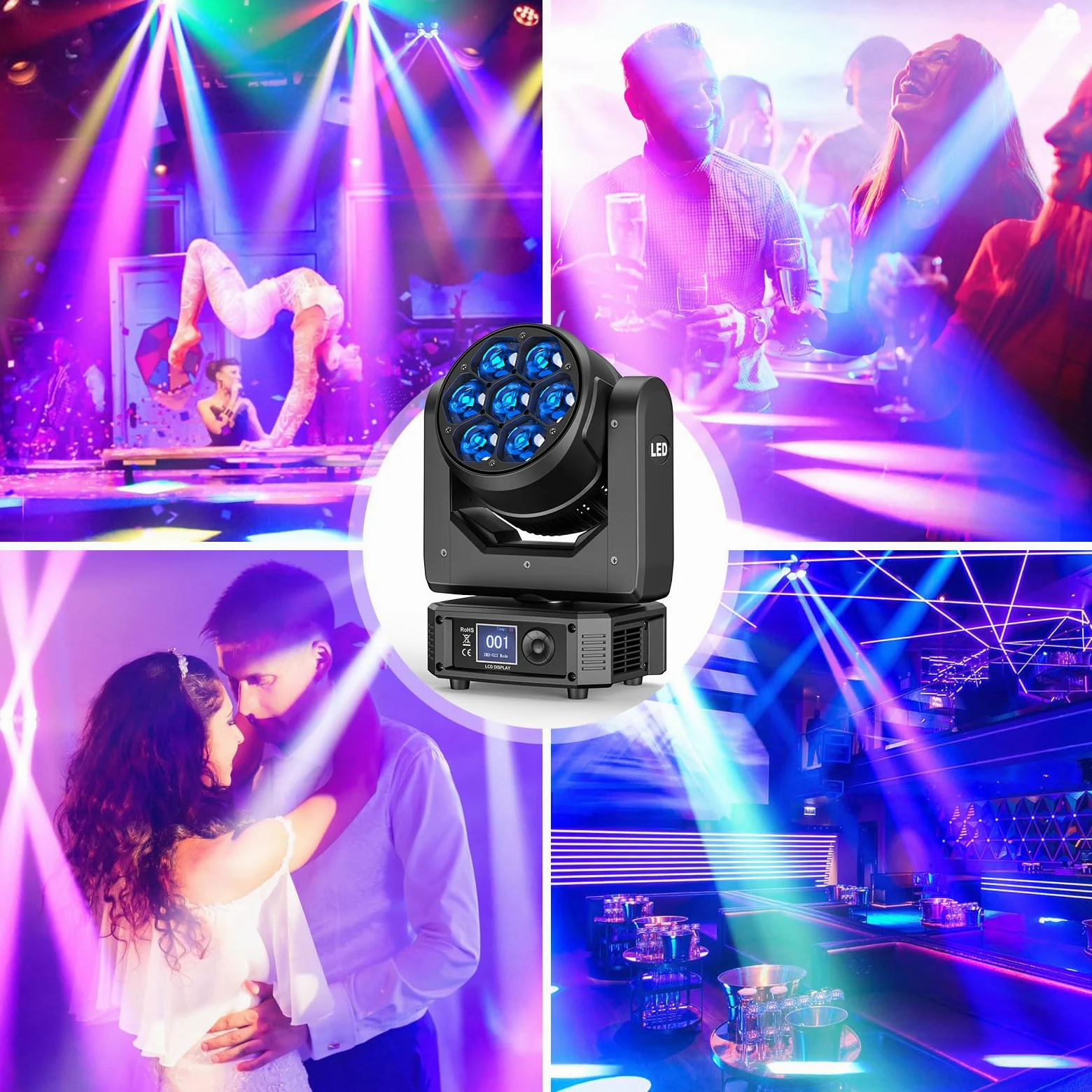 Teste Mobili 7X40W Luci RGBW Beam Funzione Zoom Effetto Luci Discoteca DMX 23CH/35CH/51CH per Natale Feste Concerti Club