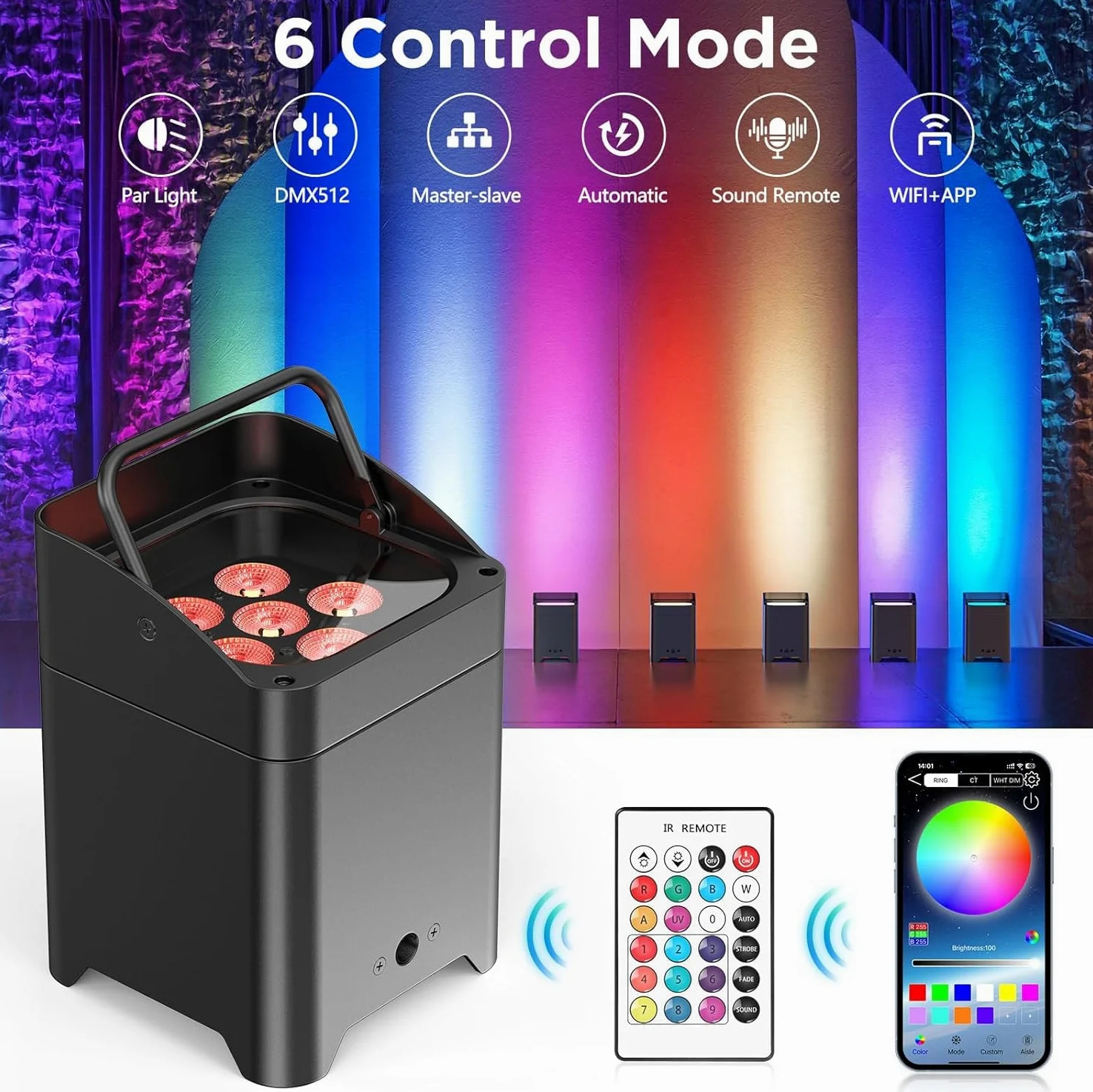 Faretto LED a batteria, 108 W, RGBWA-UV, con controllo app, batteria LED Par con DMX e telecomando per feste, club, bar, Halloween, Natale