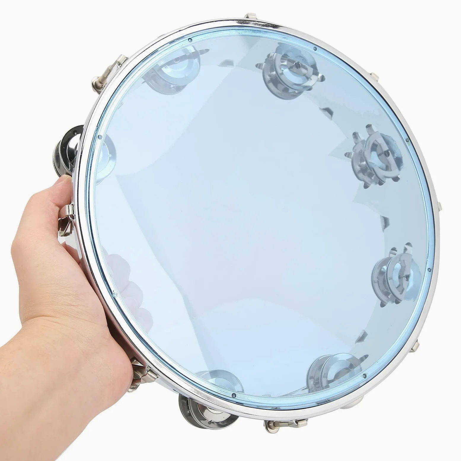 Tamburello per Adulti 10 Pollici Double Row Metal Jingles Strumento Musicale a Tamburo Educativo Tenuto in Mano per Giochi di Società(blu)