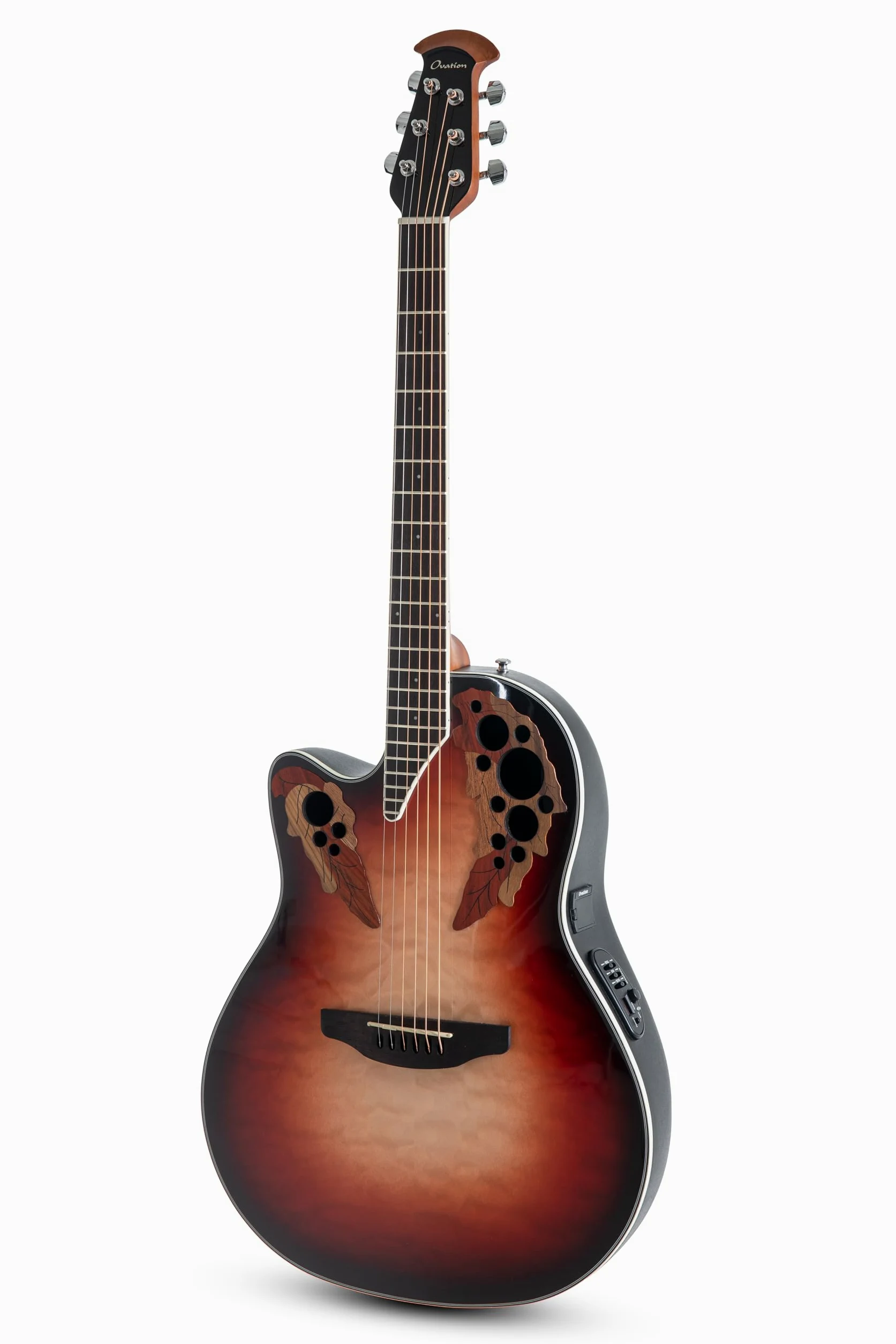 Ovation Chitarra acustica elettrica Celebrity Elite Plus CE44LX Mid Cutaway – Modello a mano sinistra – Coperta in legno pregiato – Mid-depth Lyrachord Body – Ruby Burst – CE44LX-1R-G