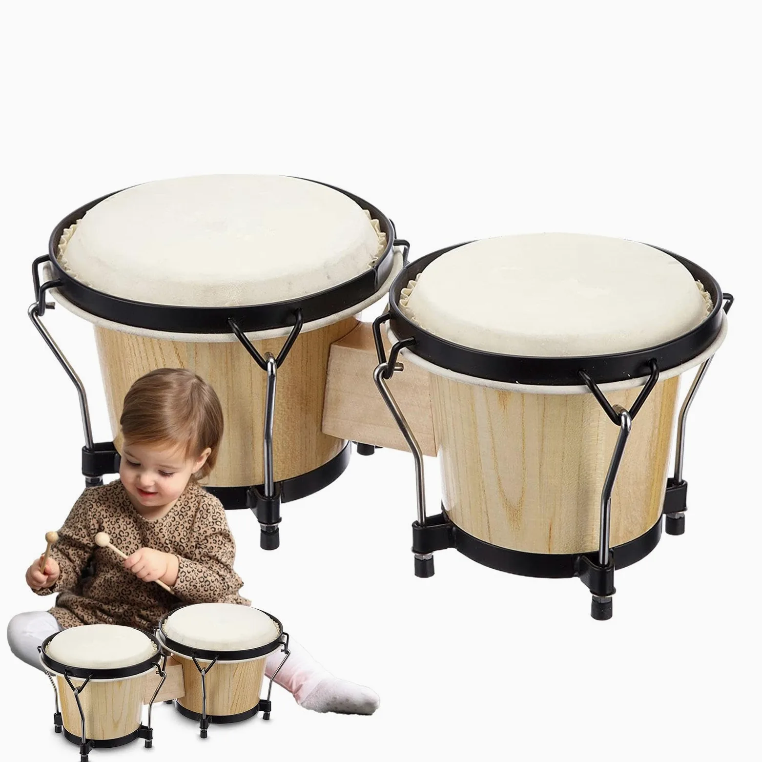 Bongo Per Bambini Strumento Percussivo Ritmico Didattico In Legno Naturale | Set Di Tamburi A Mano Per Adulti Bongo Set Leggero Portatile Creativo Divertente Ritmico Educativo Percussione Familiar