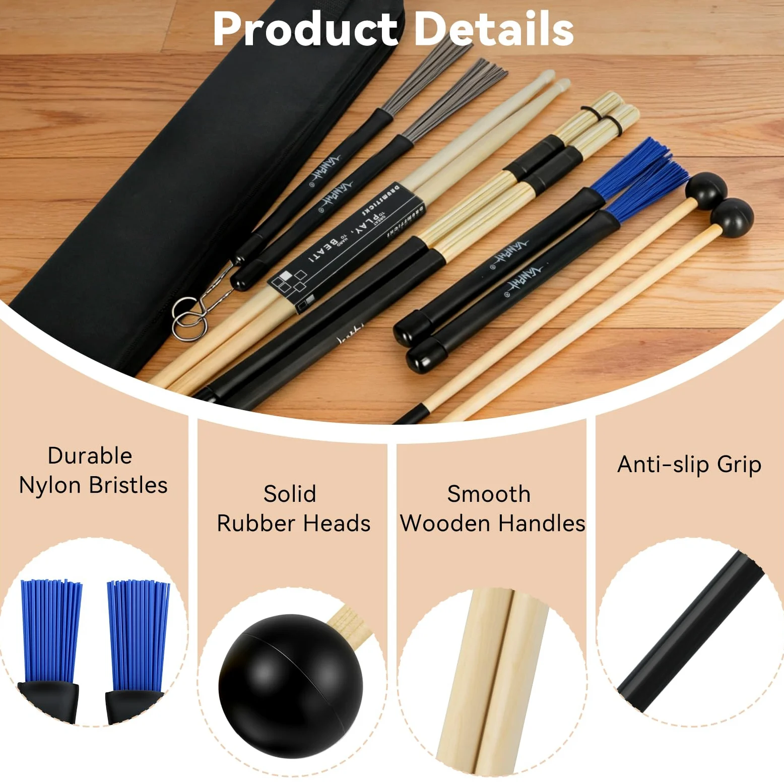 Il set include 5 paia di bacchette per batteria, set di pennelli con custodia portatile, accessori per strumenti a percussione, per esercitazioni di batteristi acustici, rock band, studenti