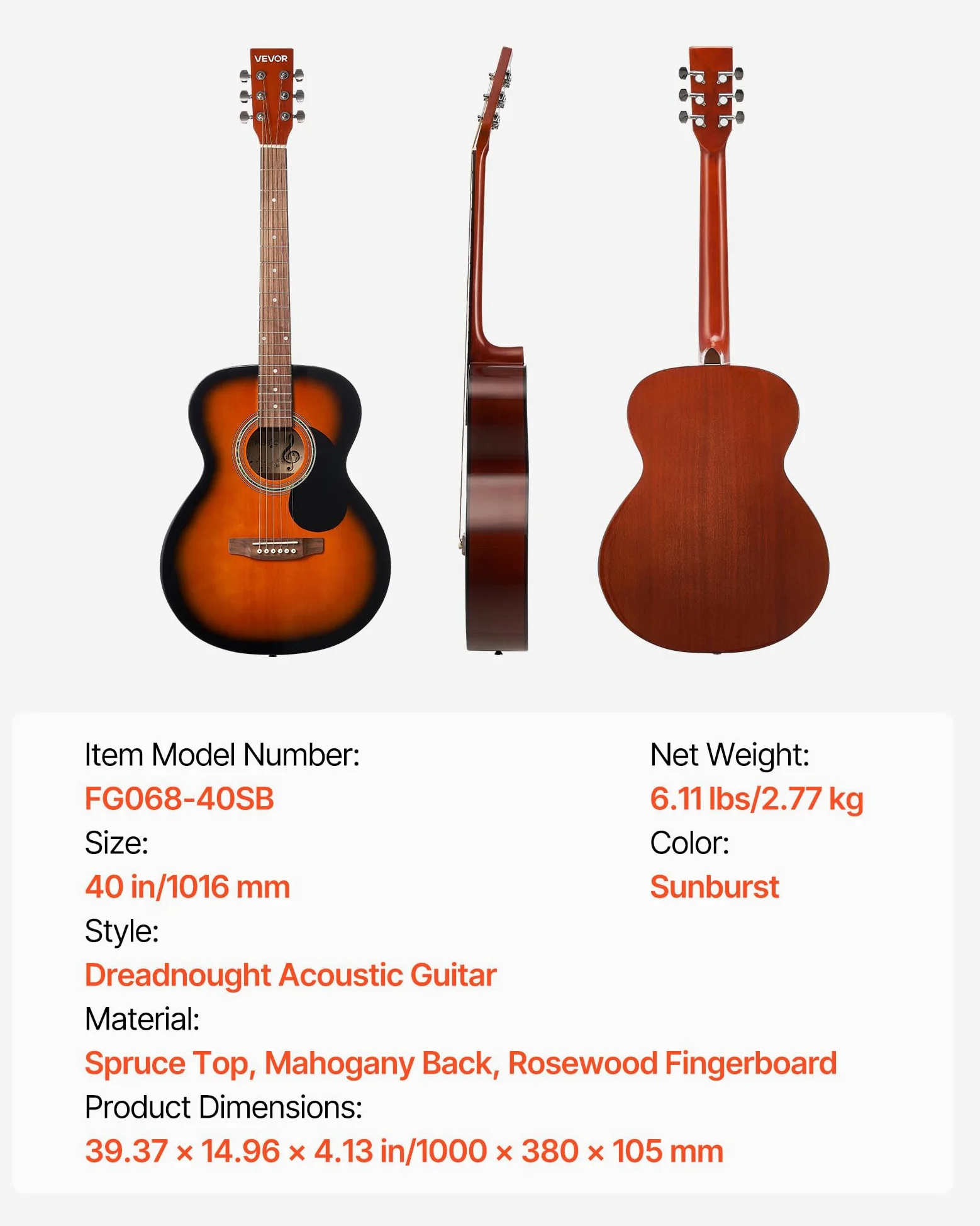 VEVOR Chitarra Acustica Dreadnought da 1016 mm Chitarra Acustica a 6 Corde con Tavola Armonica Solida Sunburst, Custodia Morbida, Accordatore, Tracolla, Corde in Acciaio, Plettri, Capotasto Mobile