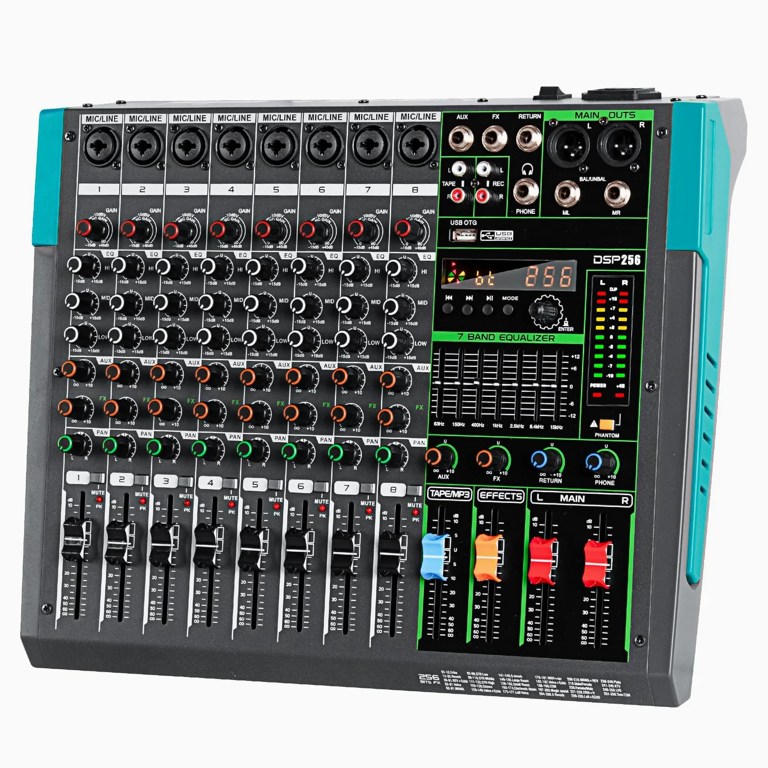 Depusheng PA8 Mixer Audio Professionale Scheda Audio Console Sistema Scrivania Interfaccia 8 Canali USB Bluetooth MP3 Ingresso Computer Alimentazione Phantom 48V Effetto Riverbero 256 Integrato, Nero
