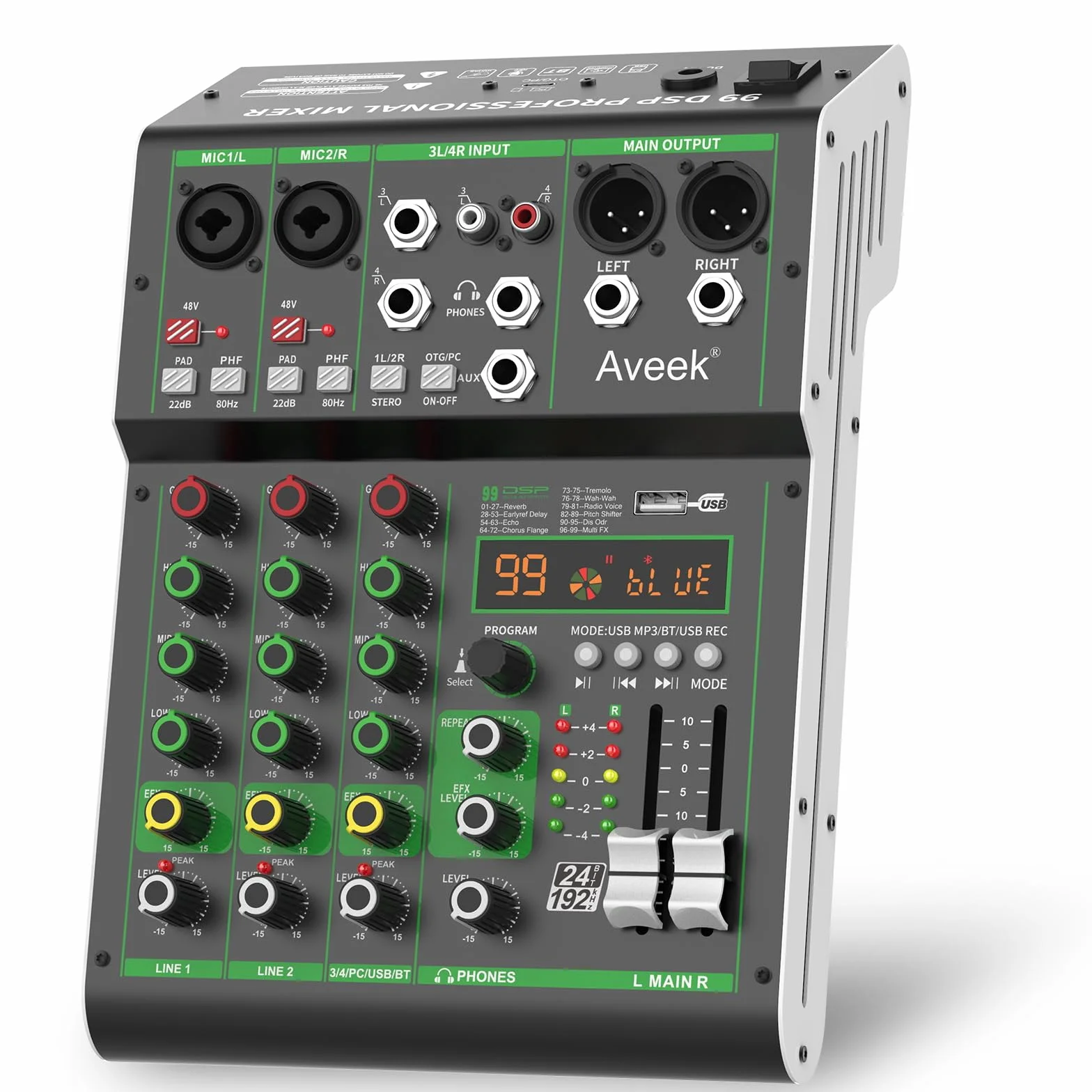 Aveek Mixer Audio, Console di Mixaggio Professionale con Ingresso USB/Bluetooth/Computer/4 Canali Stereo DJ Mixer, 48V Phantom Digital 99 DSP Effect per PC Registrazione Karaoke Studio Streaming