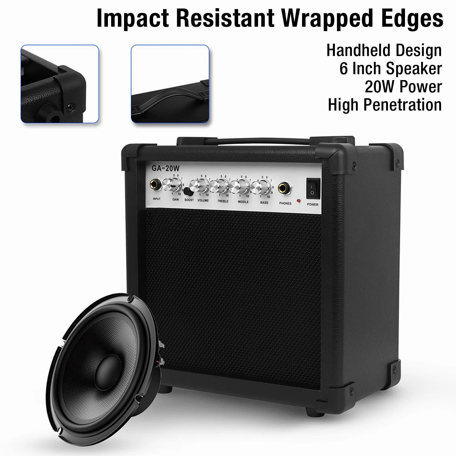 Amplificatore per Chitarra Elettrica Portatile, Altoparlante Multifunzionale 20 Watt da 6 Pollici con Ingresso Strumenti, per Pratica Casa e Piccole Performance Live (Spina