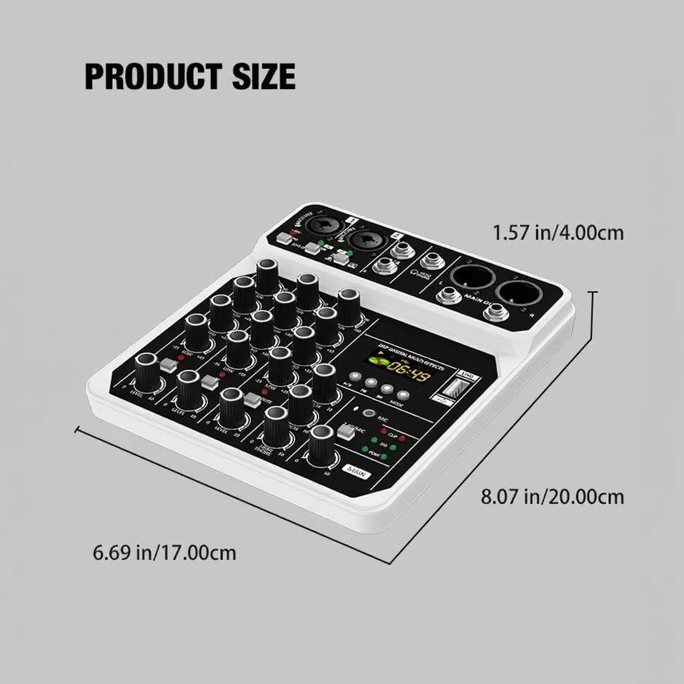Mixer audio a 4 canali, 48 V Phantom Power USB riproduzione MP3 doppio ingresso microfono per canto all'aperto e prove di gruppo mixer audio