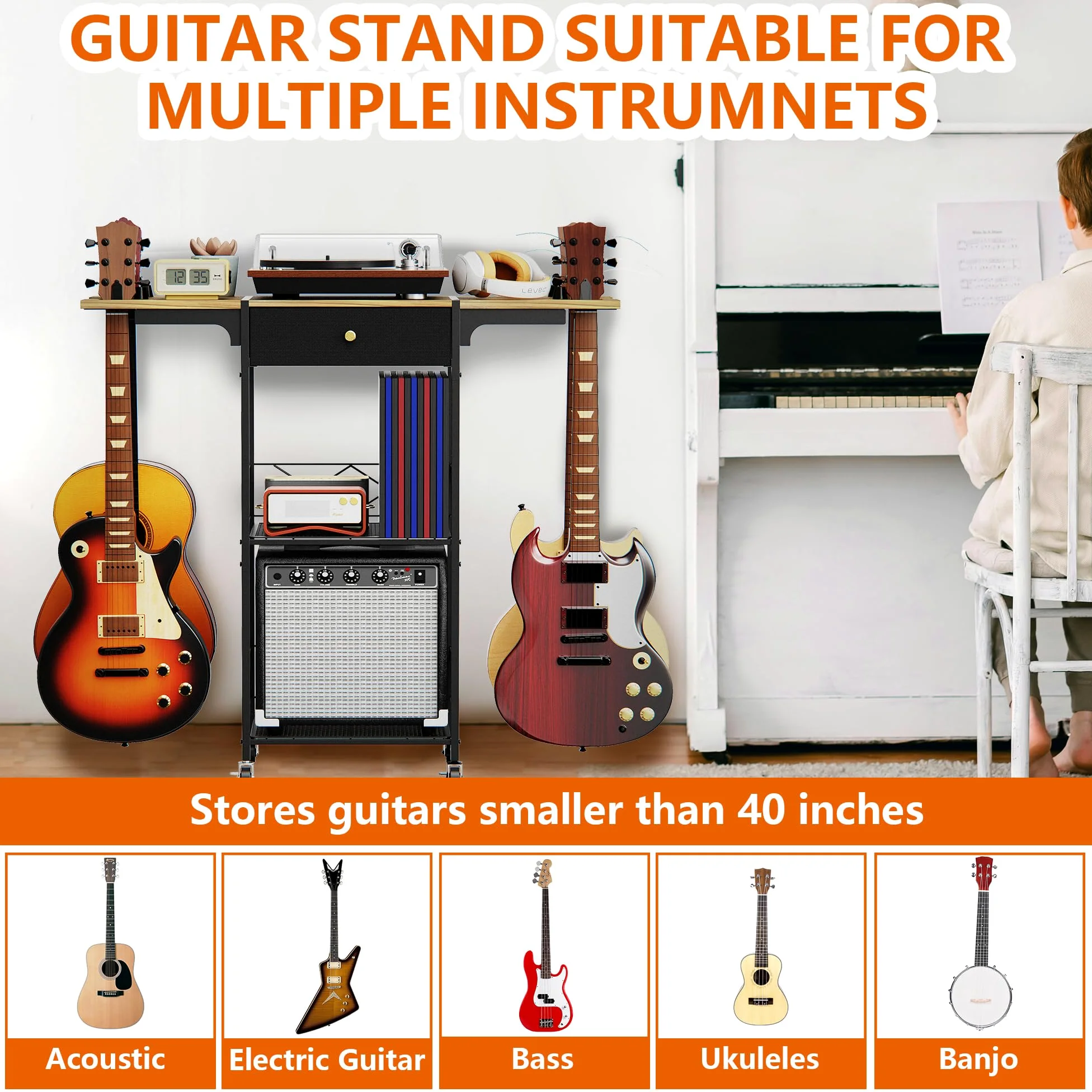 Yitexin Supporto per chitarra multiplo a 3 livelli con 4chitarra, ruota, contenitore per chitarre multiple