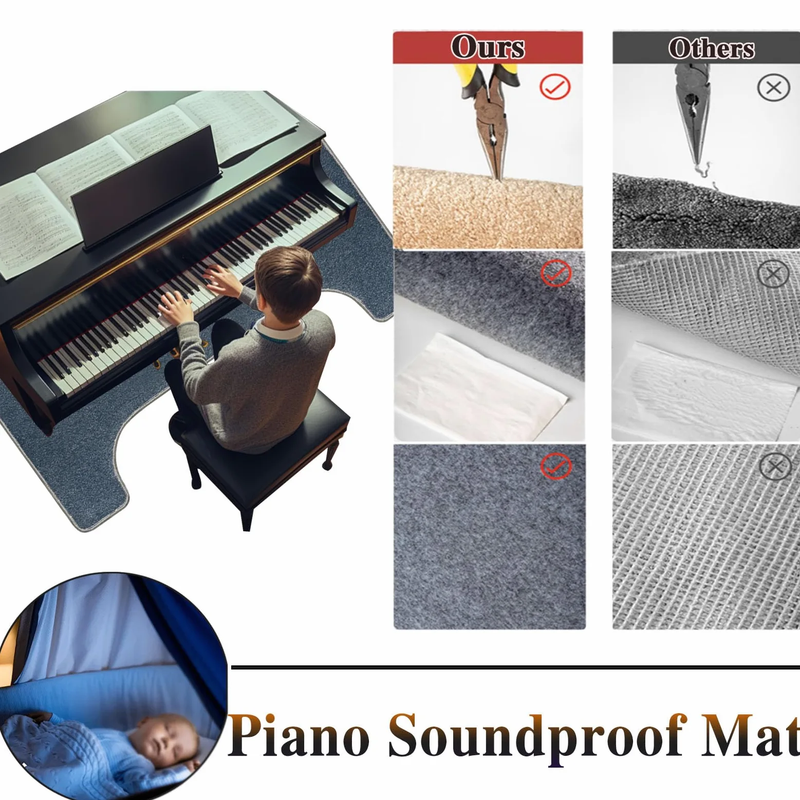 Tappeto insonorizzato per pianoforte, protezione per pianoforte acustico, antiscivolo, 160 x 70 cm, tappetino fonoassorbente per pianoforte verticale e studio domestico