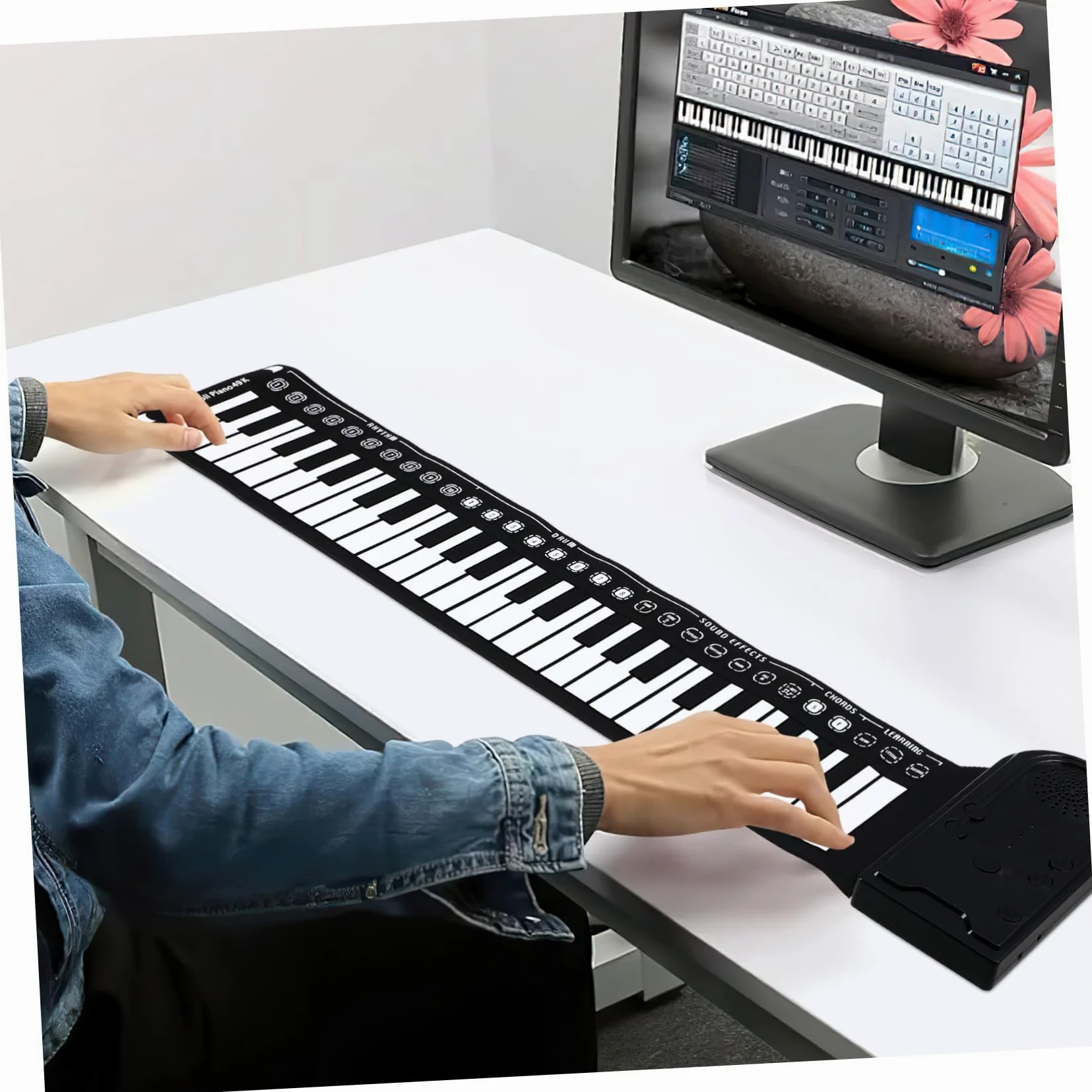 Pianoforte Nero Portatile Pieghevole Elettrico 49 Tasti | Tasti Arrotolabili, Silicone, Altoparlante Integrato, Cavo USB Dc 6v, Alimentazione 3 Batterie Aa